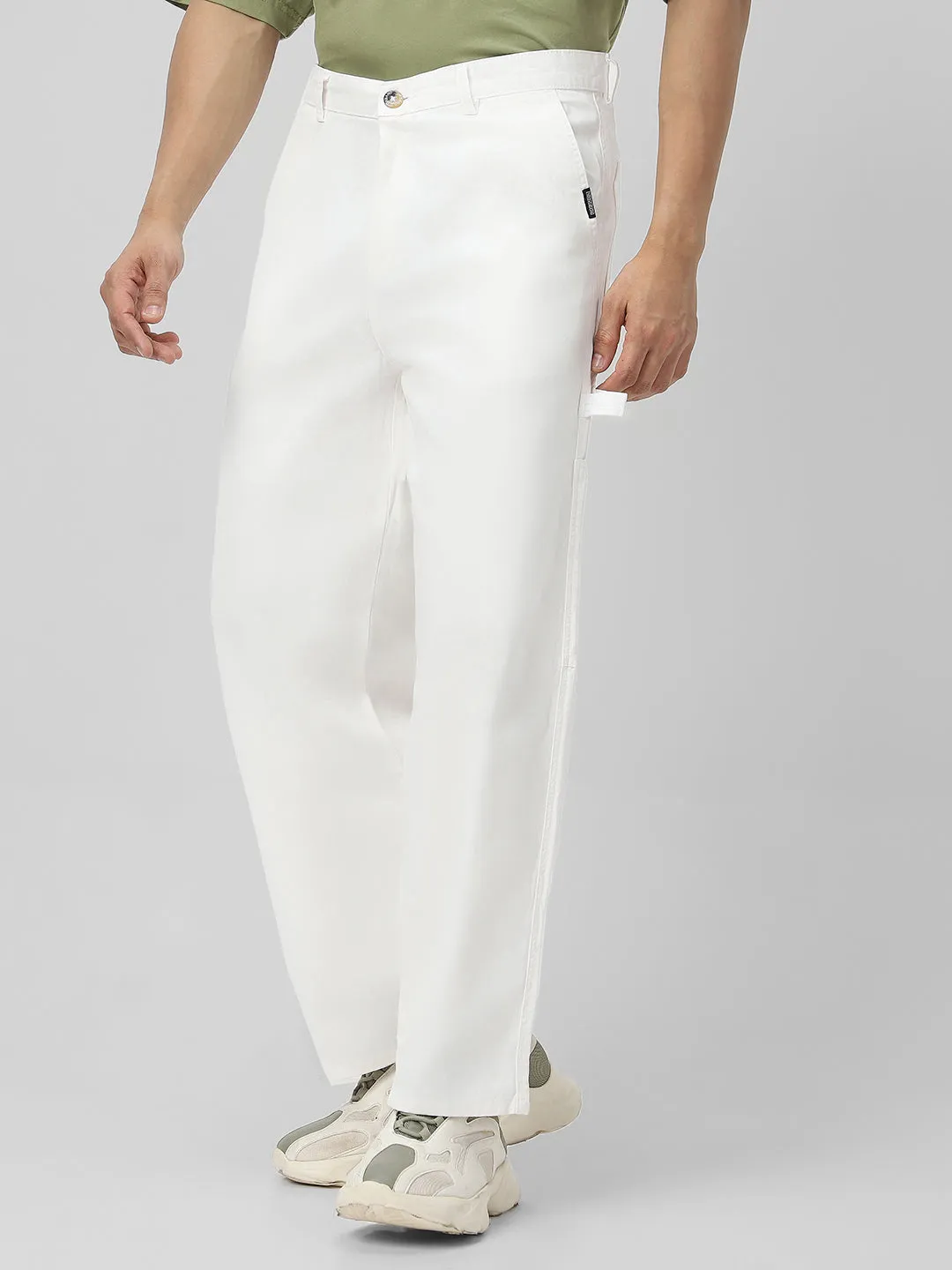 Men's White Loose Baggy Fit Solid Carpenter Trouser Pant with 5 Pockets Non-Stretchable