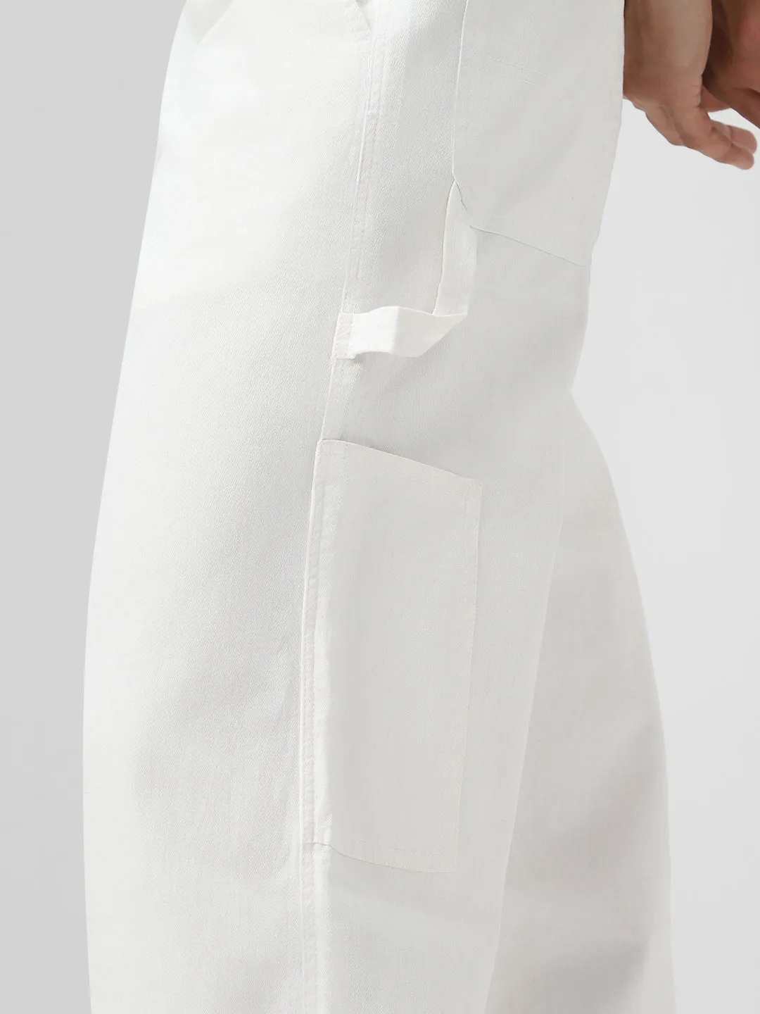 Men's White Loose Baggy Fit Solid Carpenter Trouser Pant with 5 Pockets Non-Stretchable