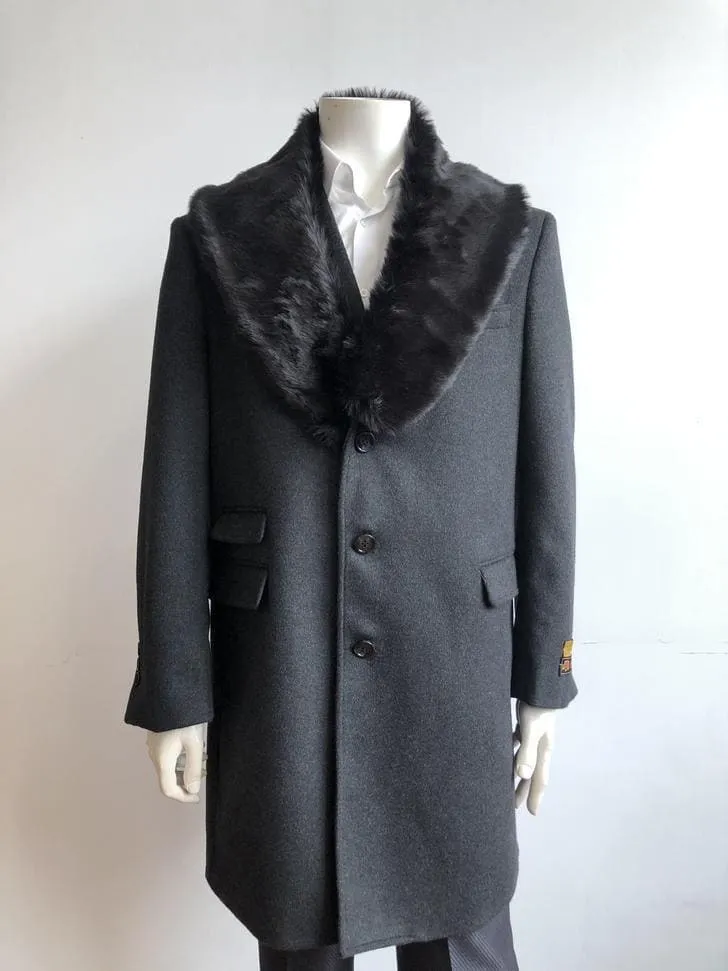 Mens Wool Trench coat - Black Fur Lapel Color Mens Overcoat
