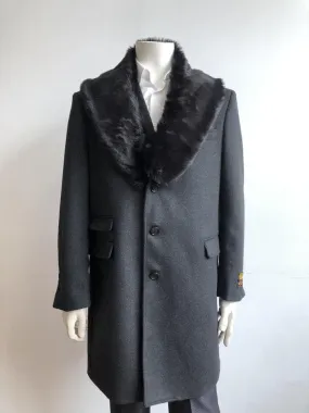 Mens Wool Trench coat - Black Fur Lapel Color Mens Overcoat