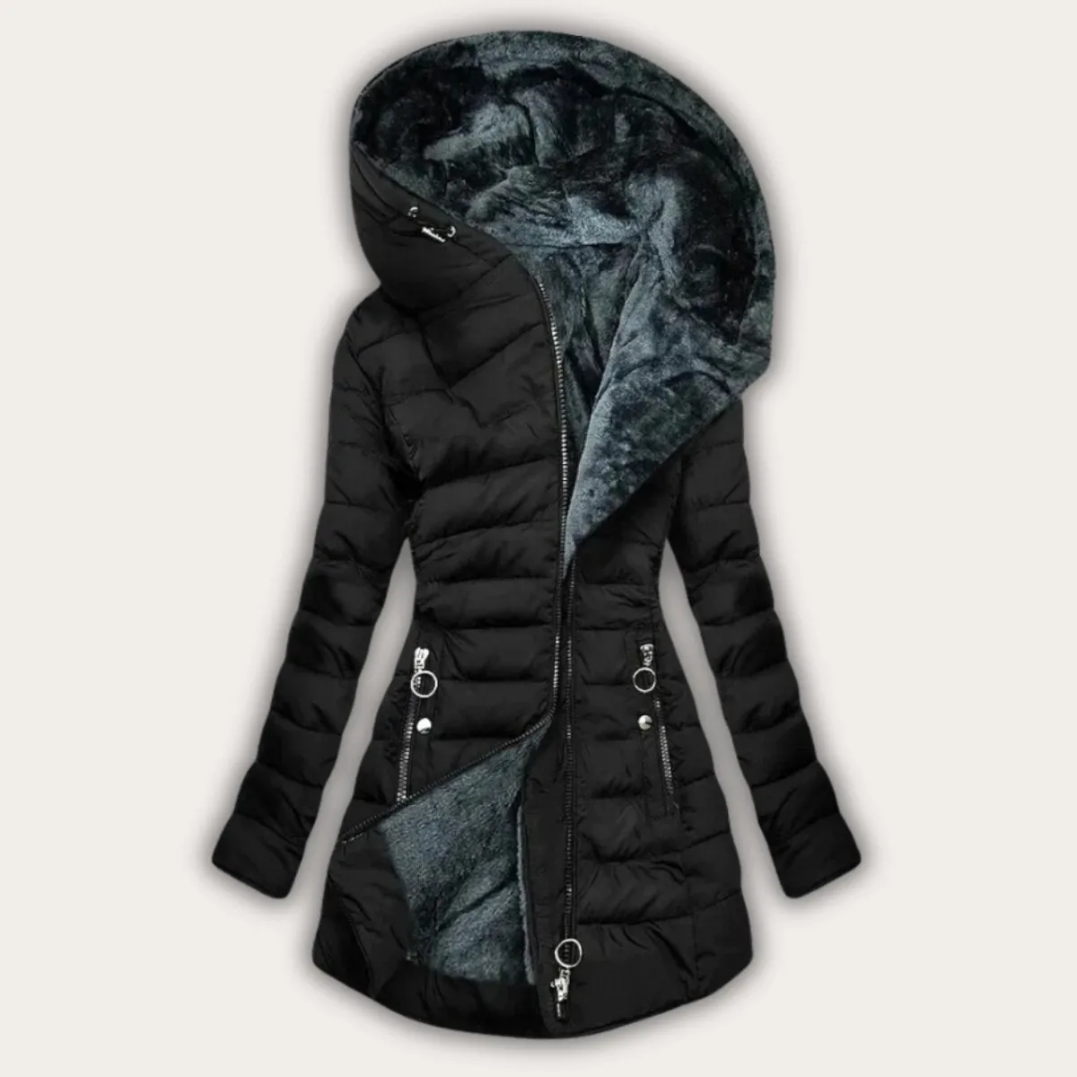 Miri |  Asymmetrical Hooded Puffer Coat for Women – Warm Winter Jacket with Faux Fur Lining, Stylish Zip-Up Front