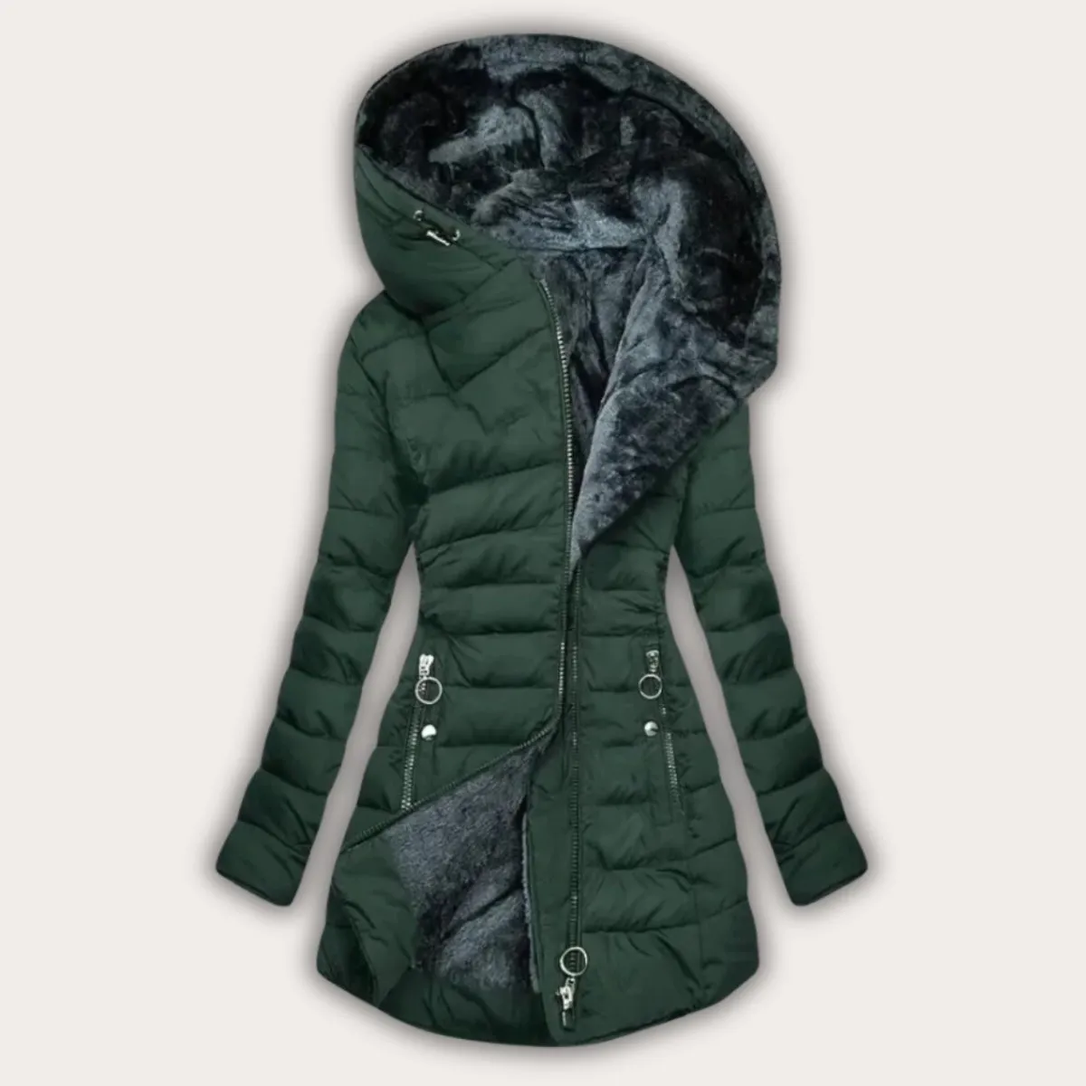 Miri |  Asymmetrical Hooded Puffer Coat for Women – Warm Winter Jacket with Faux Fur Lining, Stylish Zip-Up Front
