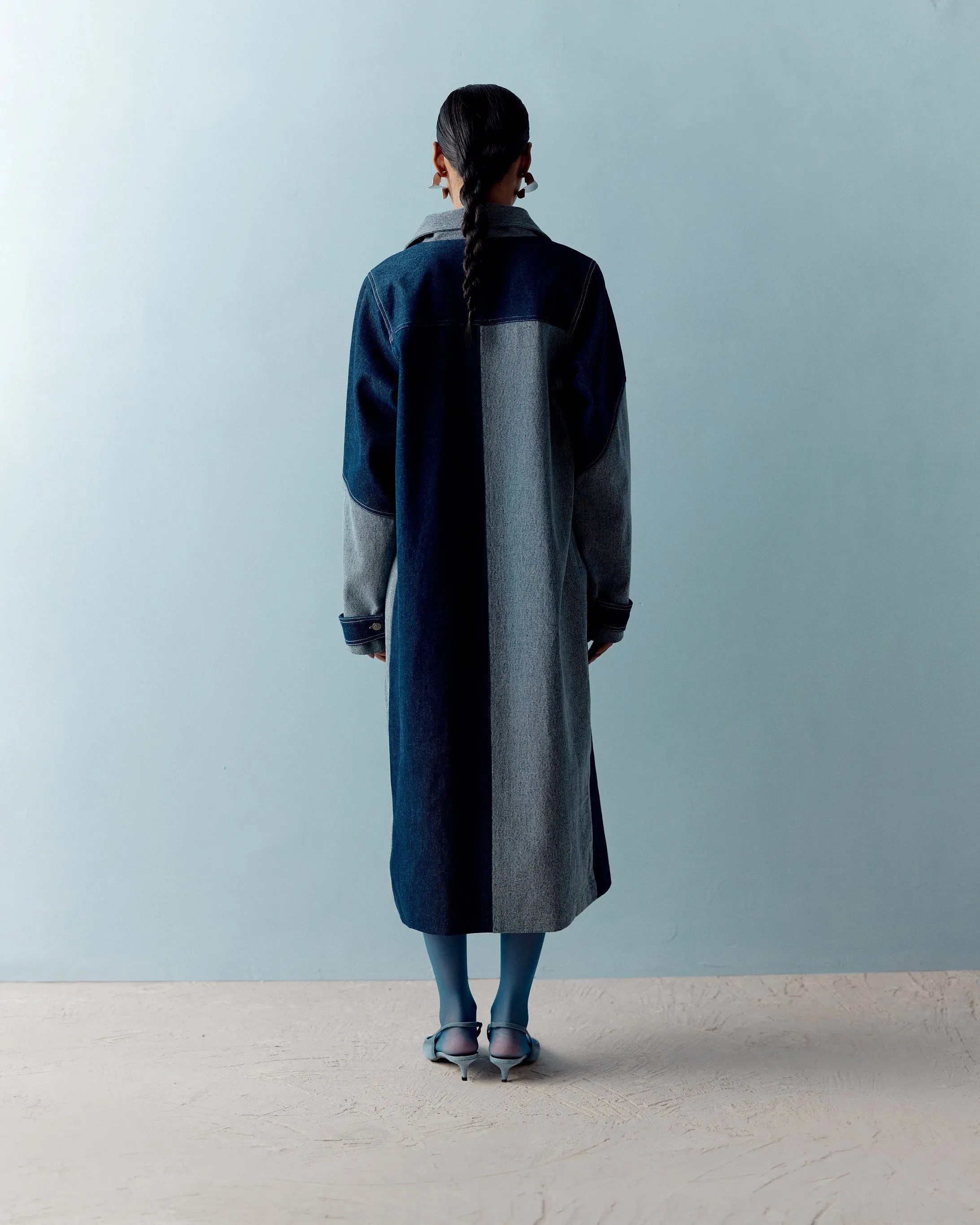 MUSKKAAN JAFERI IN OUR DENIM COLOR BLOCK TRENCH