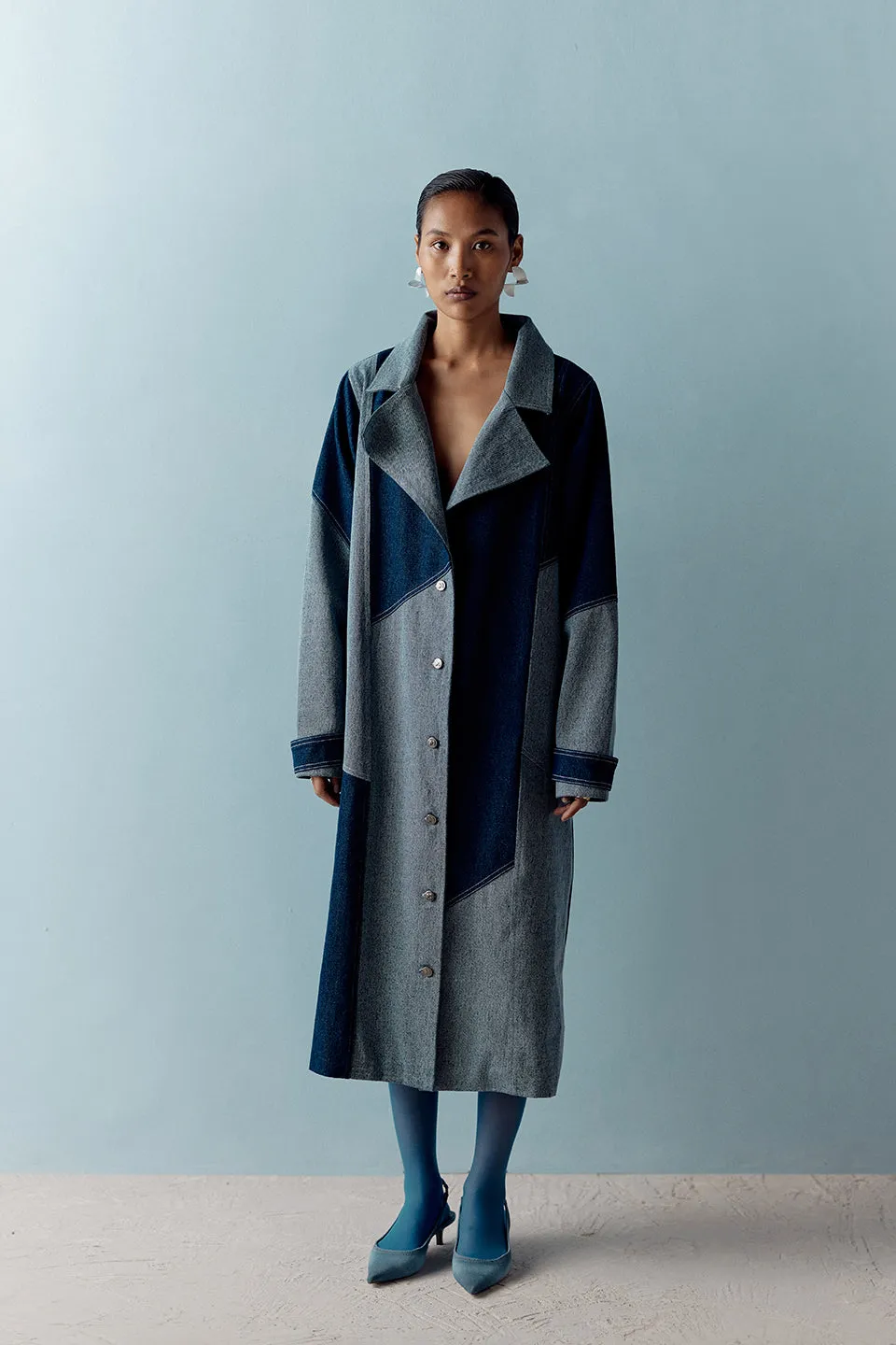 MUSKKAAN JAFERI IN OUR DENIM COLOR BLOCK TRENCH