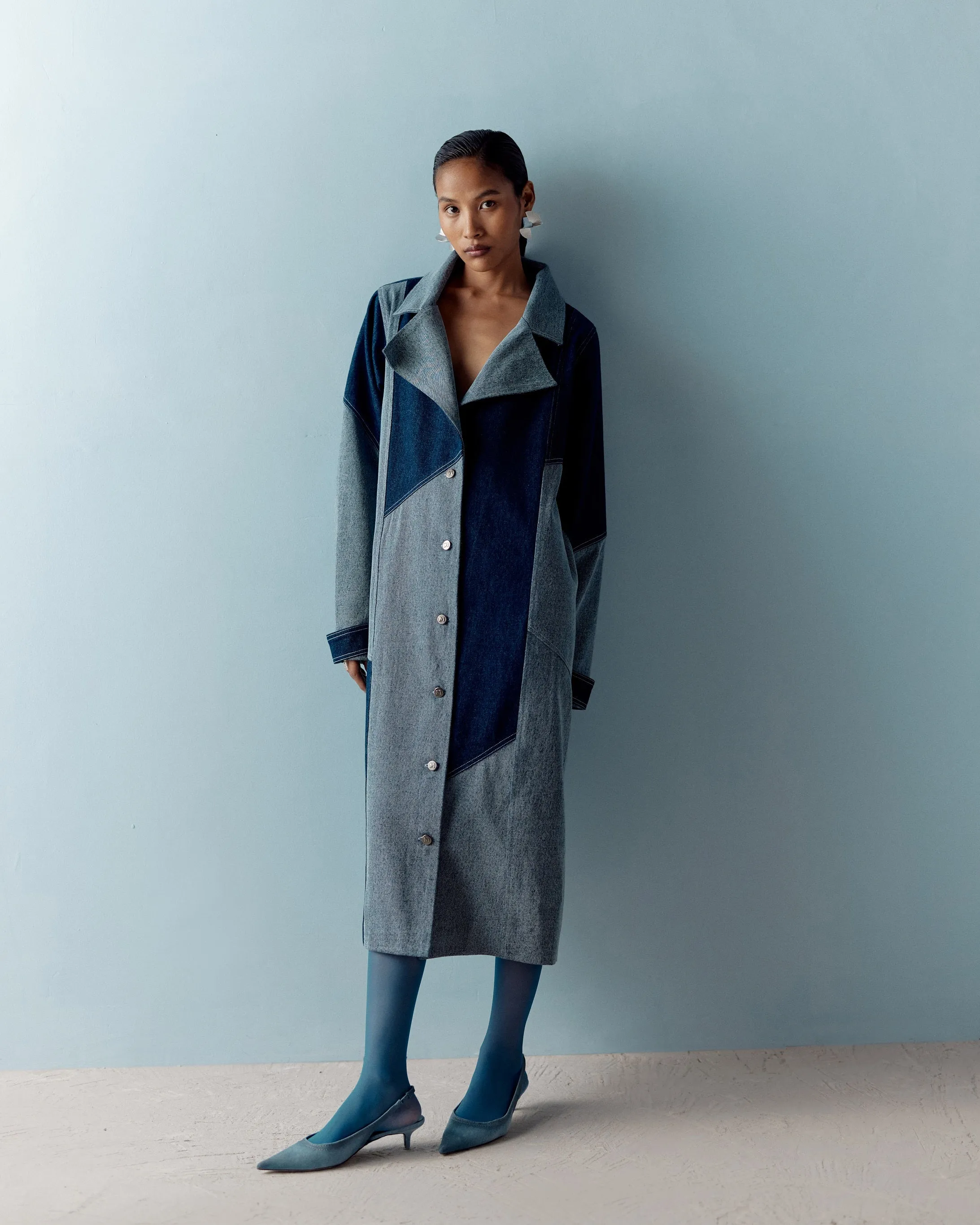 MUSKKAAN JAFERI IN OUR DENIM COLOR BLOCK TRENCH