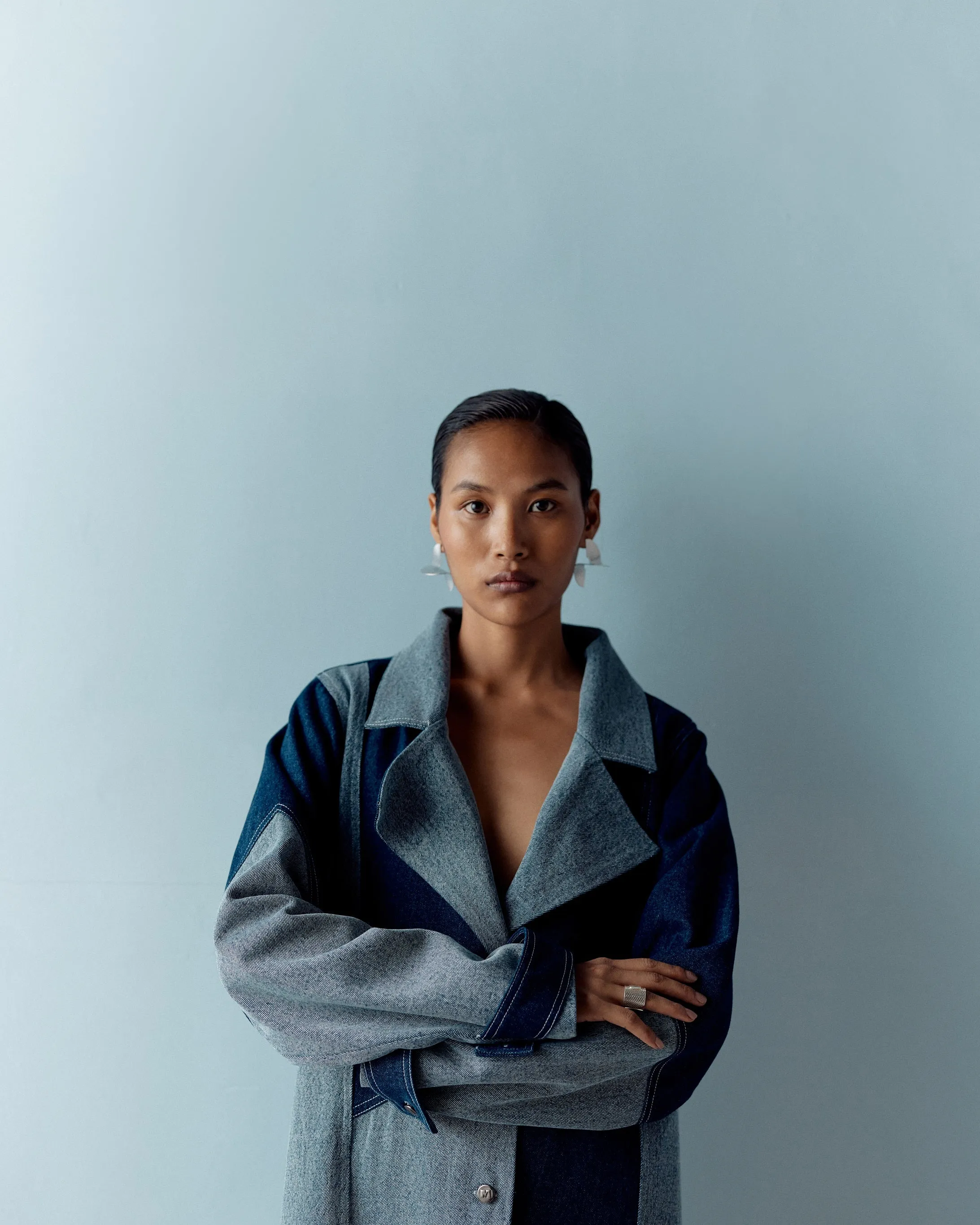 MUSKKAAN JAFERI IN OUR DENIM COLOR BLOCK TRENCH