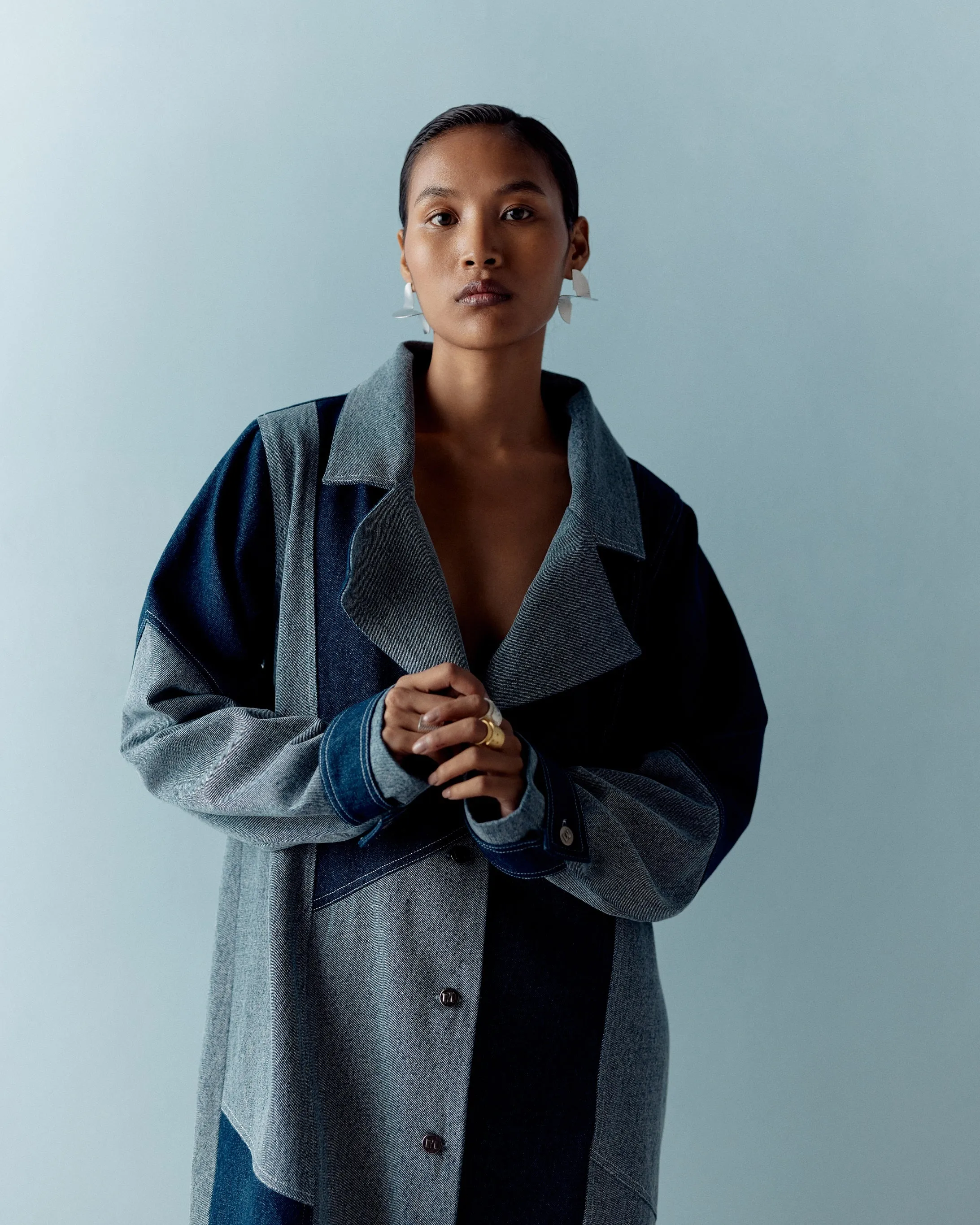 MUSKKAAN JAFERI IN OUR DENIM COLOR BLOCK TRENCH