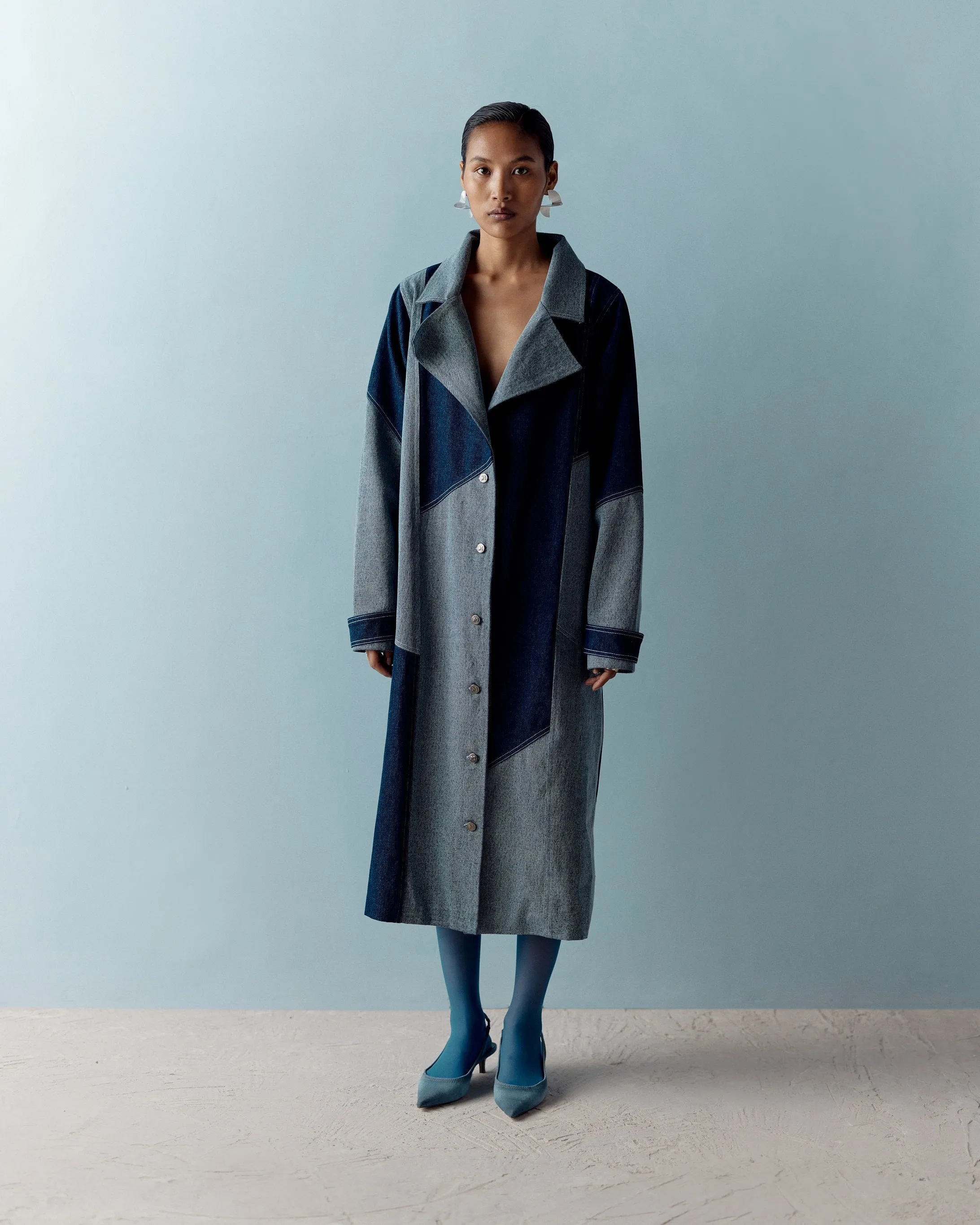MUSKKAAN JAFERI IN OUR DENIM COLOR BLOCK TRENCH