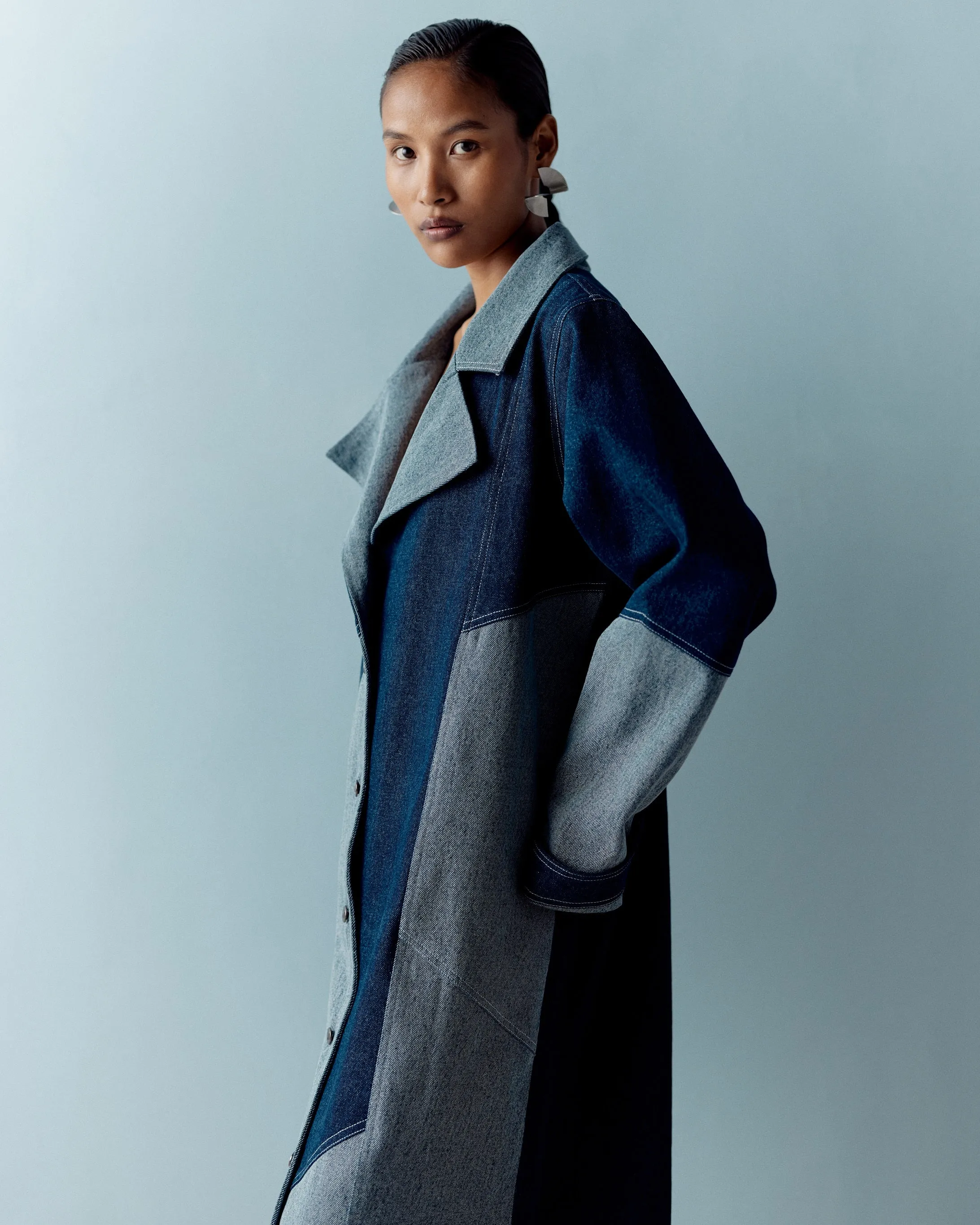 MUSKKAAN JAFERI IN OUR DENIM COLOR BLOCK TRENCH