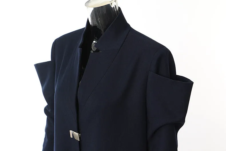 Navy Blue Stitching Long Trench Coat