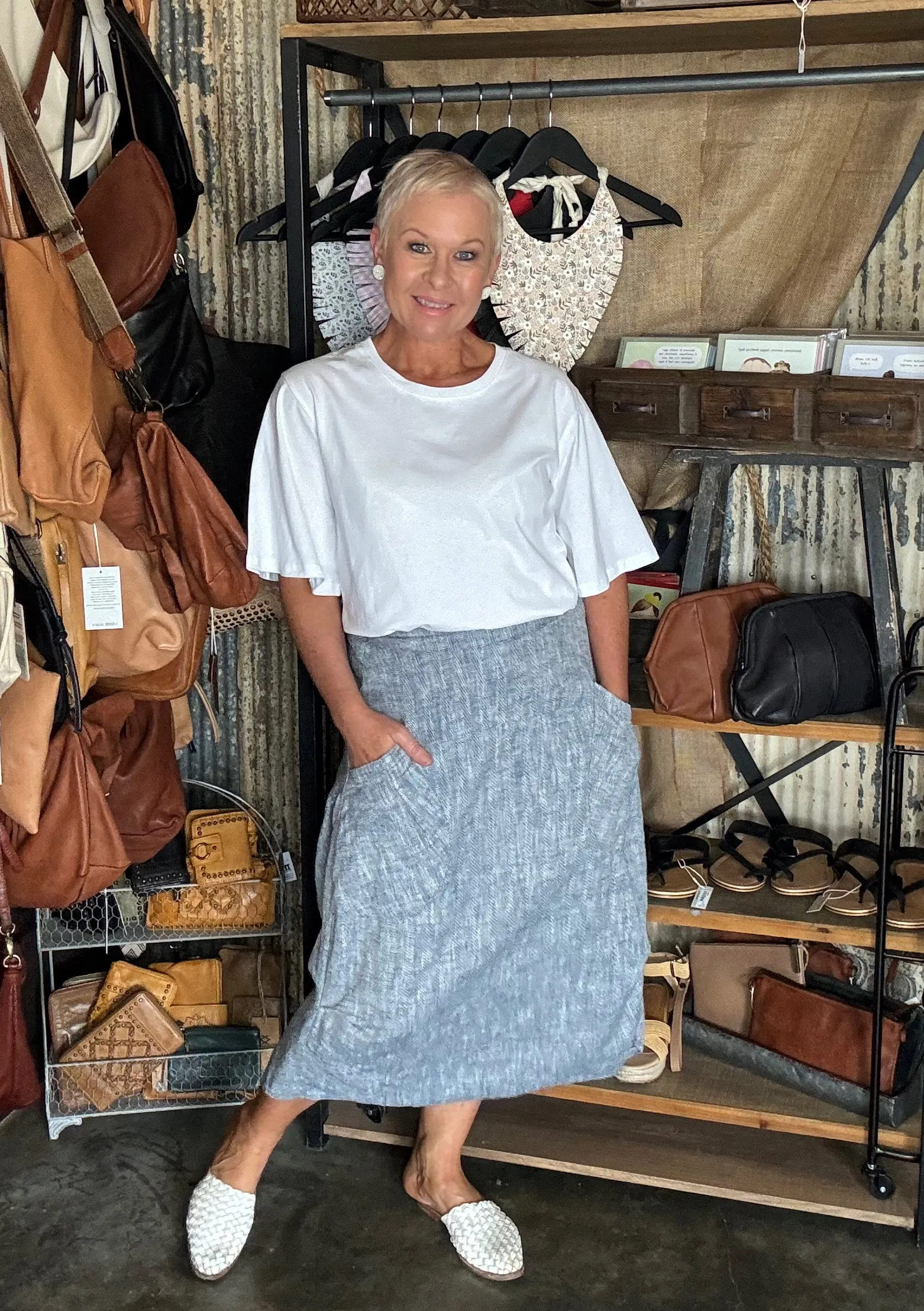 OLGA DE POLGA MILWAUKEE PANORAMA SKIRT - NAVY HERRINGBONE LINEN