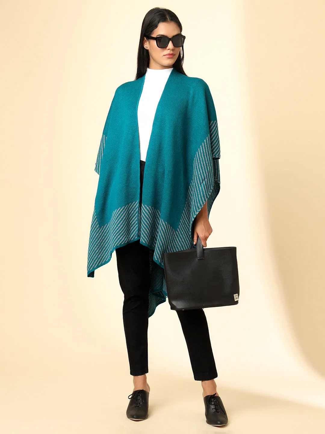 Open Front Striped Knitted Shrug | Teal