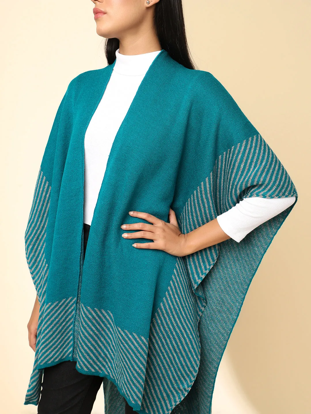 Open Front Striped Knitted Shrug | Teal