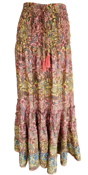 Pink Lemonade Boho Ruffle Ruched Waist Midi Skirt
