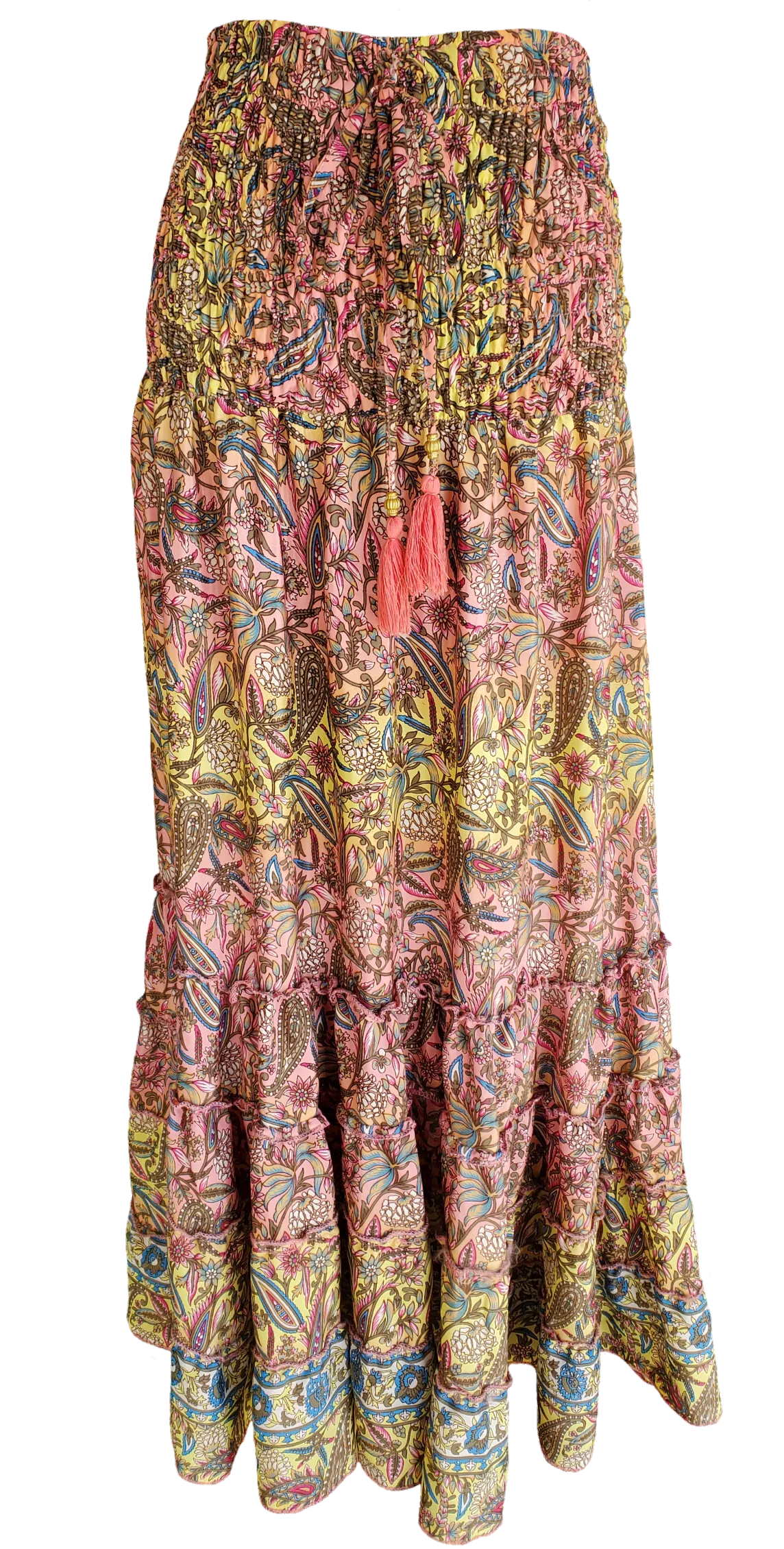 Pink Lemonade Boho Ruffle Ruched Waist Midi Skirt