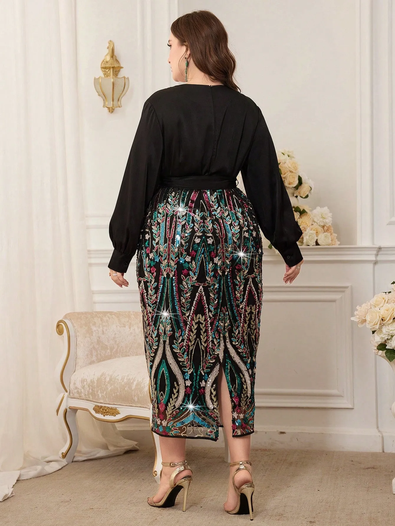 Plus Size Sequin Patchwork Wrap Belt Dress
