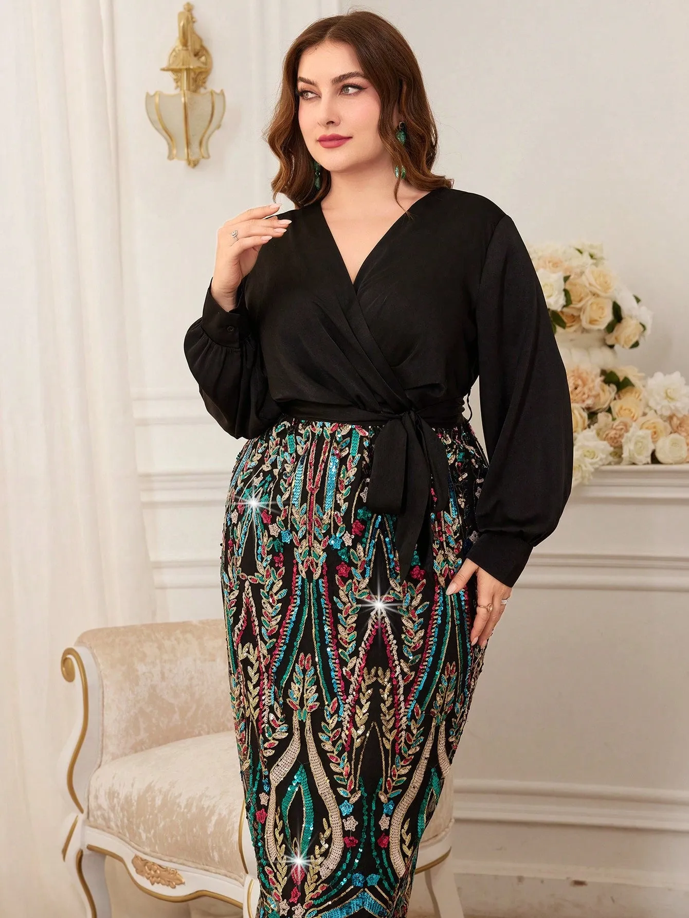 Plus Size Sequin Patchwork Wrap Belt Dress