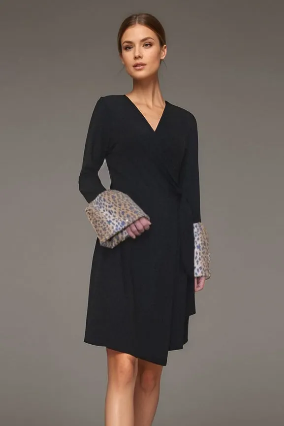 Pre-order: CORDELIA WRAP DRESS (BLACK / LEOPARD)- VD3156