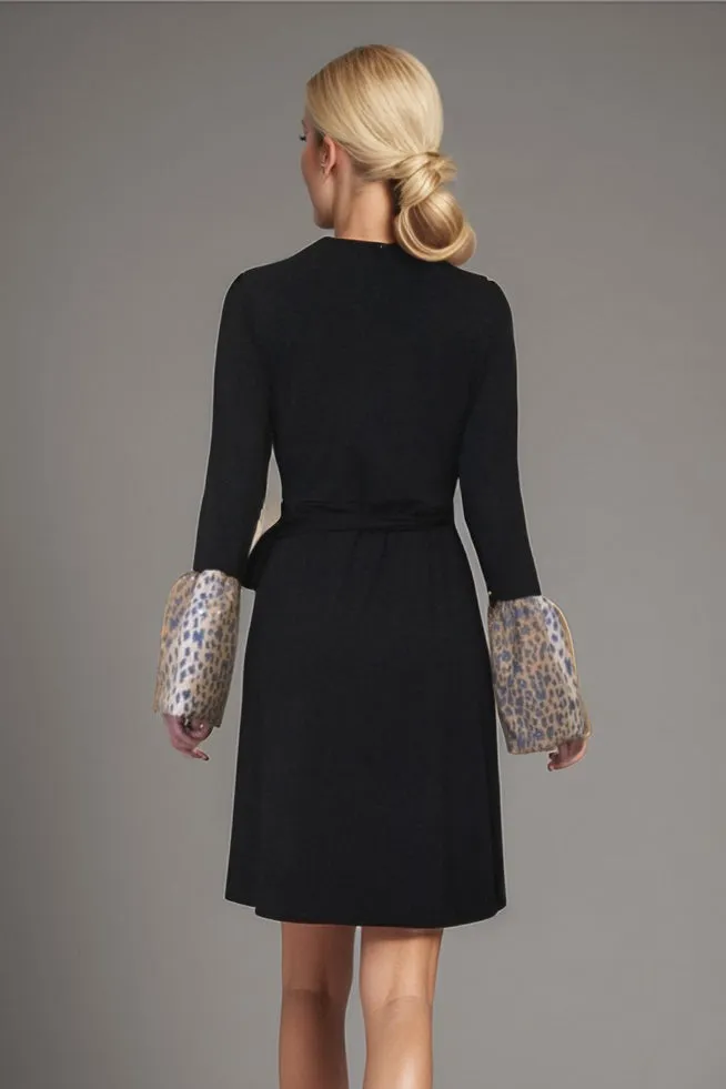 Pre-order: CORDELIA WRAP DRESS (BLACK / LEOPARD)- VD3156