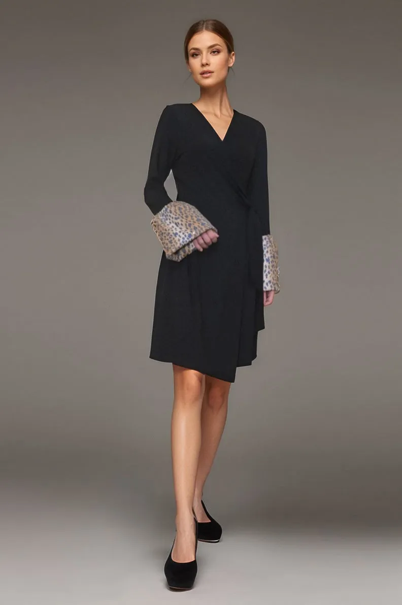 Pre-order: CORDELIA WRAP DRESS (BLACK / LEOPARD)- VD3156