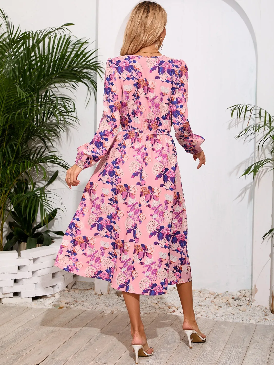 Printed Surplice Long Sleeve Midi Dress