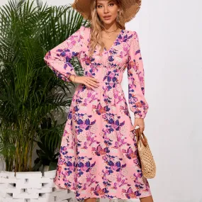 Printed Surplice Long Sleeve Midi Dress