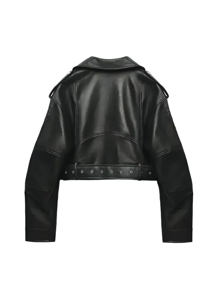 PU Leather Biker Jacket with Belt - Black Moto Coat
