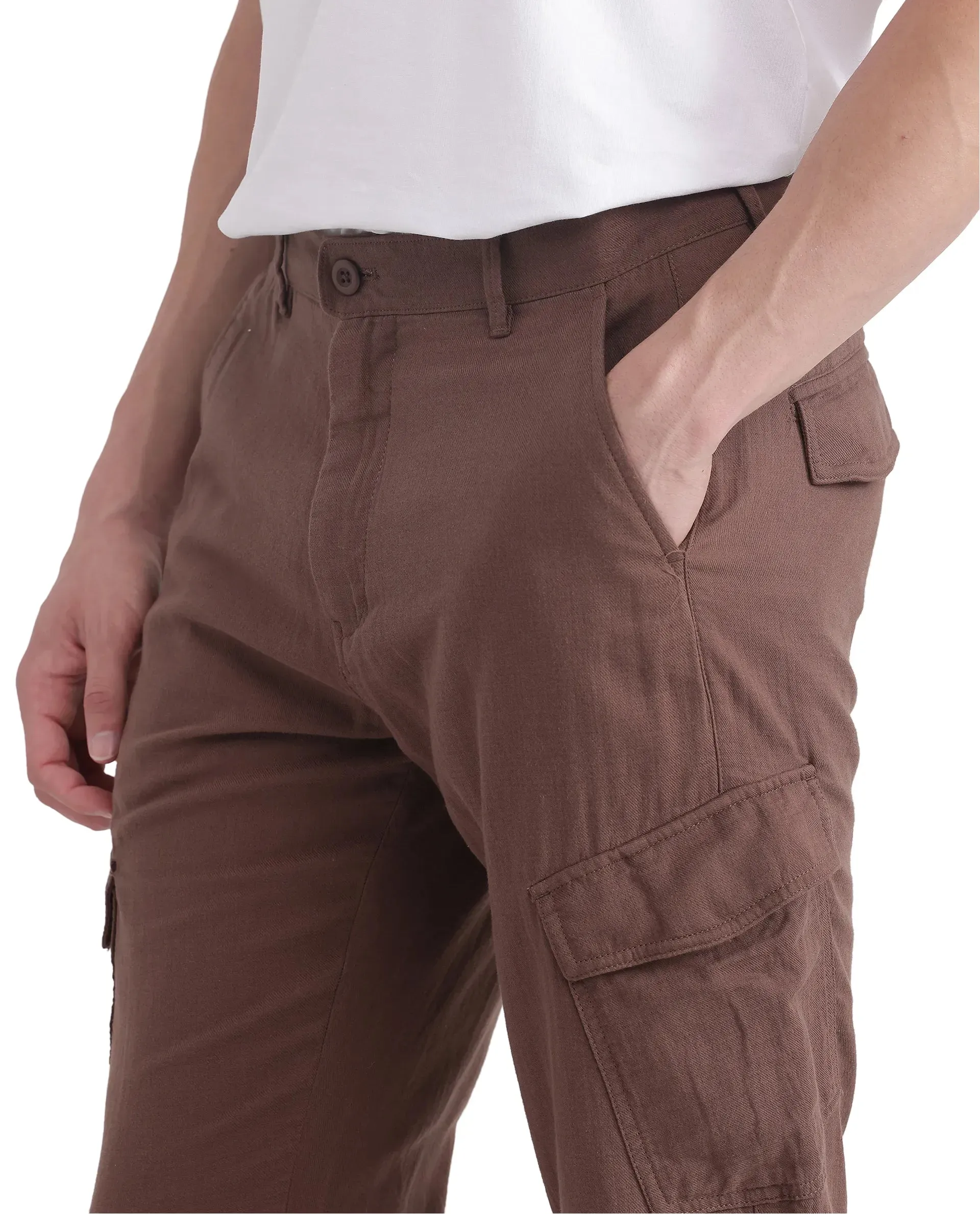 Rare Rabbit Men Presso-25 Dusky Brown Cotton Elastane Fabric Button And Zip Closure Relaxed Fit Plain Trouser