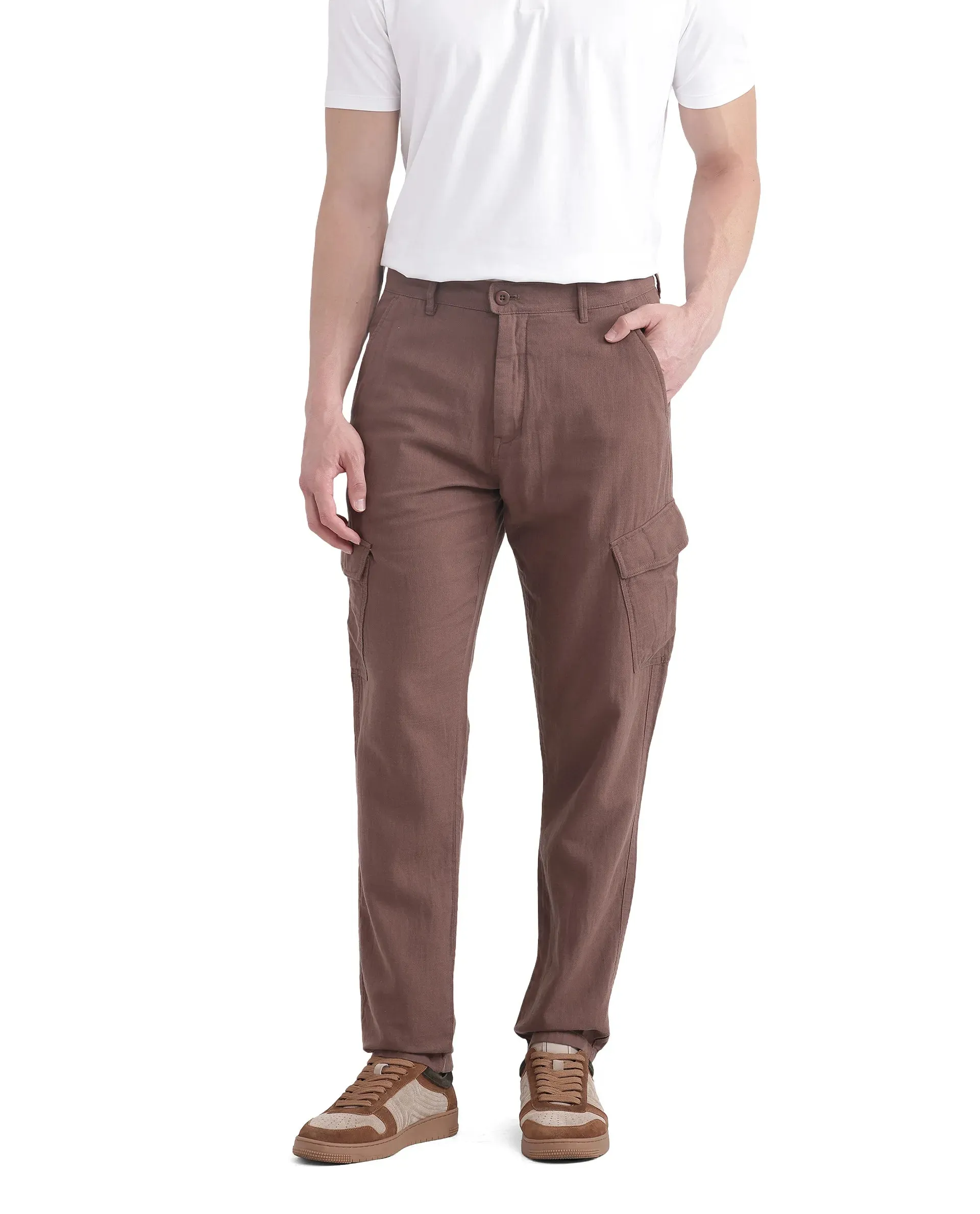 Rare Rabbit Men Presso-25 Dusky Brown Cotton Elastane Fabric Button And Zip Closure Relaxed Fit Plain Trouser