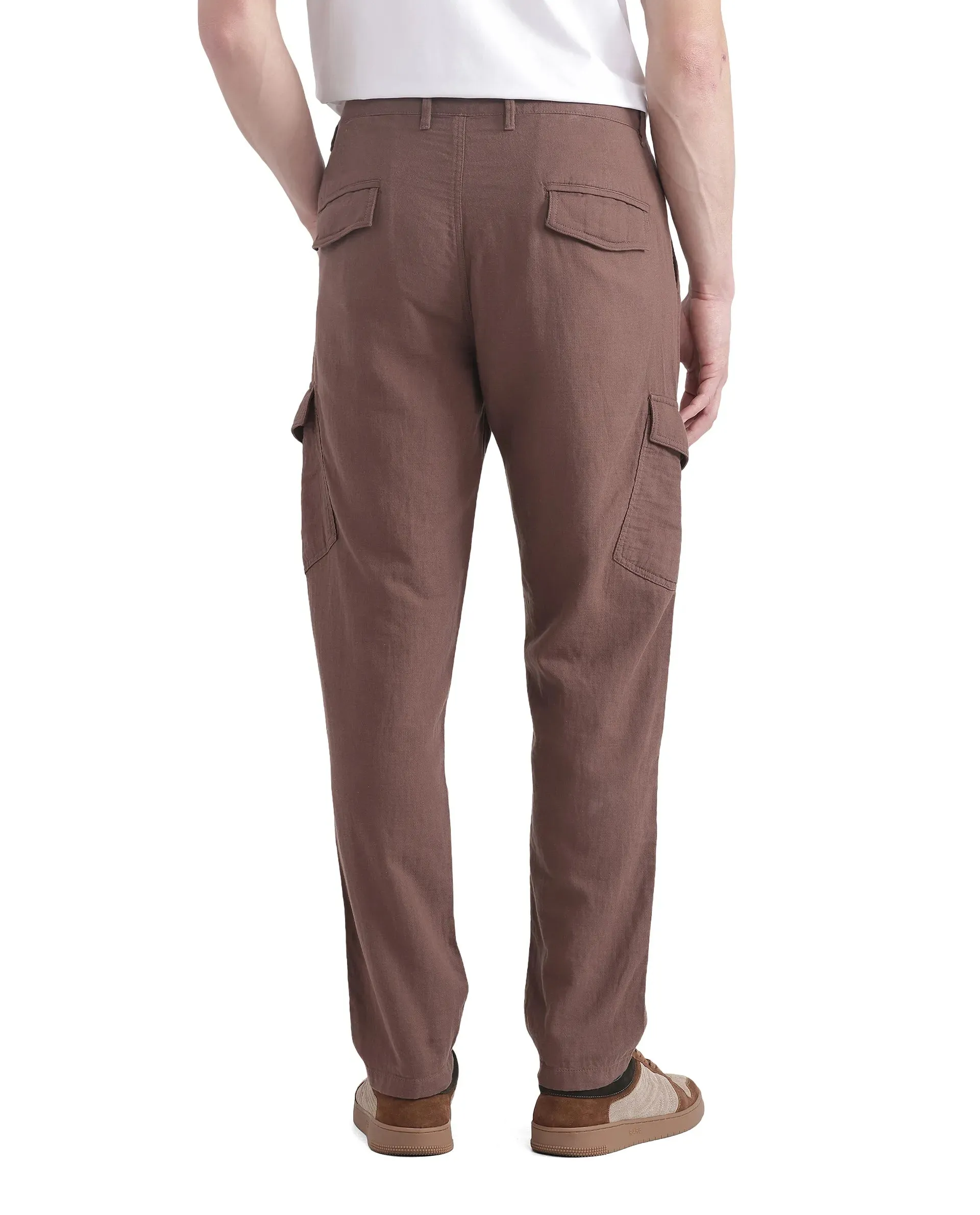 Rare Rabbit Men Presso-25 Dusky Brown Cotton Elastane Fabric Button And Zip Closure Relaxed Fit Plain Trouser