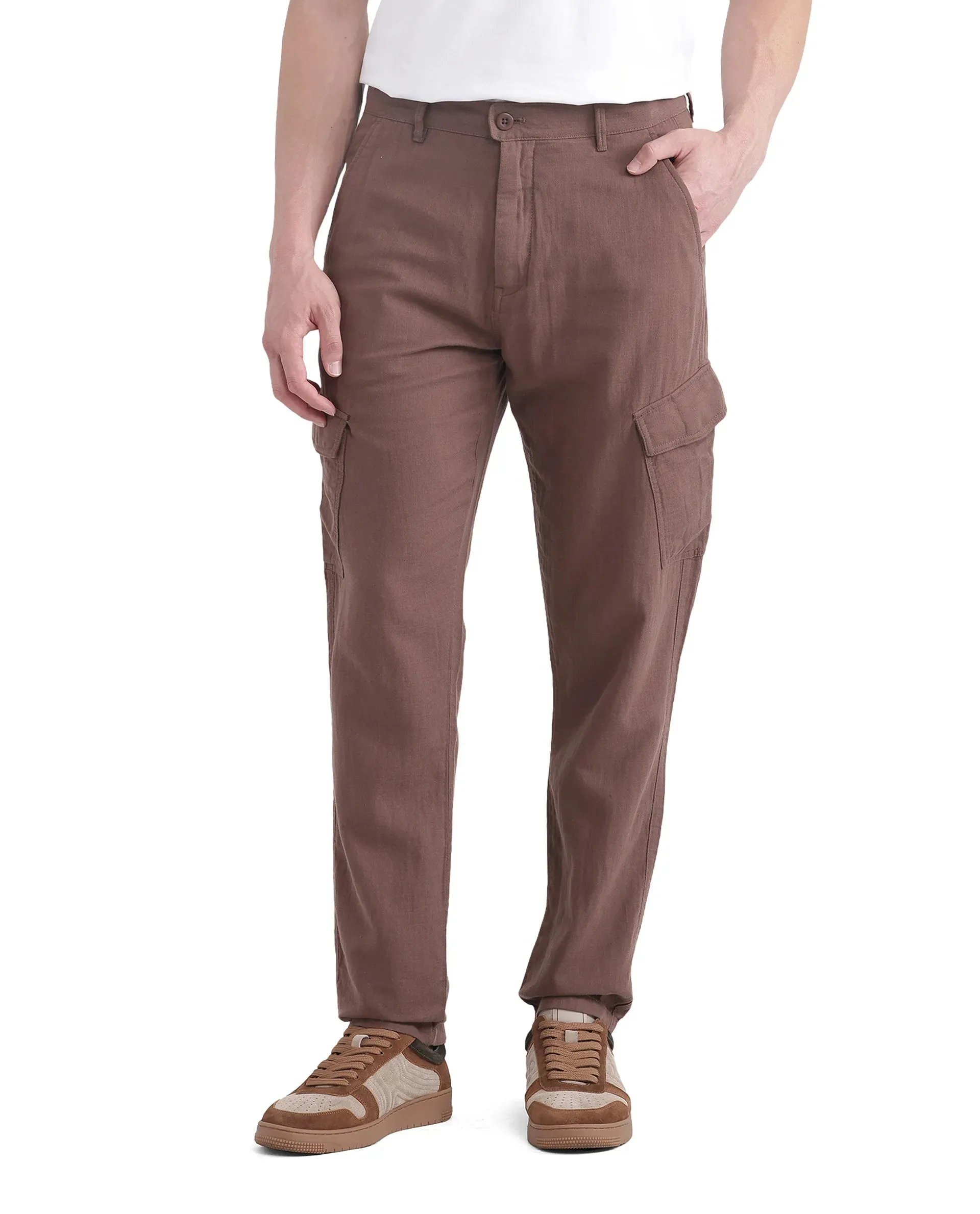 Rare Rabbit Men Presso-25 Dusky Brown Cotton Elastane Fabric Button And Zip Closure Relaxed Fit Plain Trouser