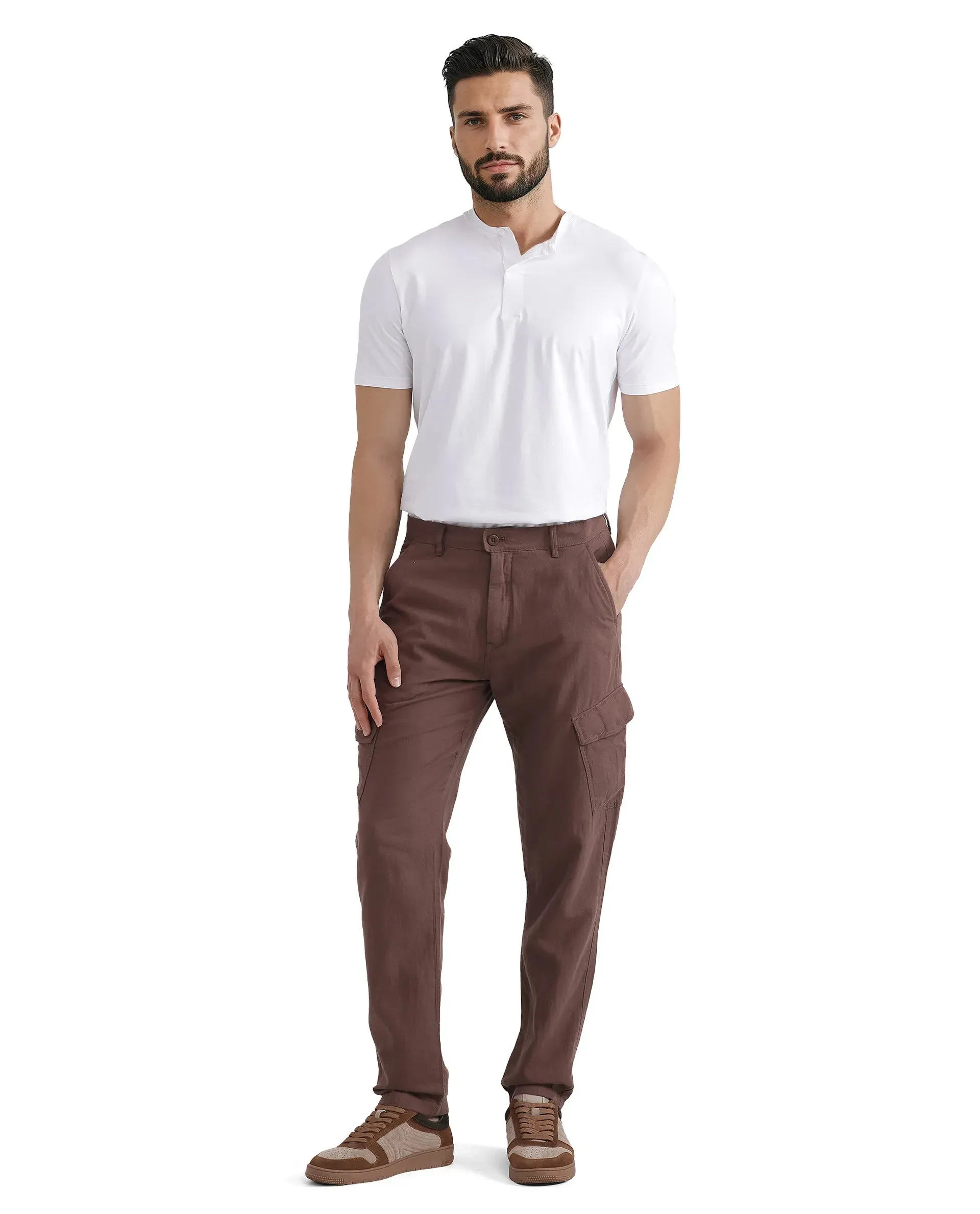 Rare Rabbit Men Presso-25 Dusky Brown Cotton Elastane Fabric Button And Zip Closure Relaxed Fit Plain Trouser