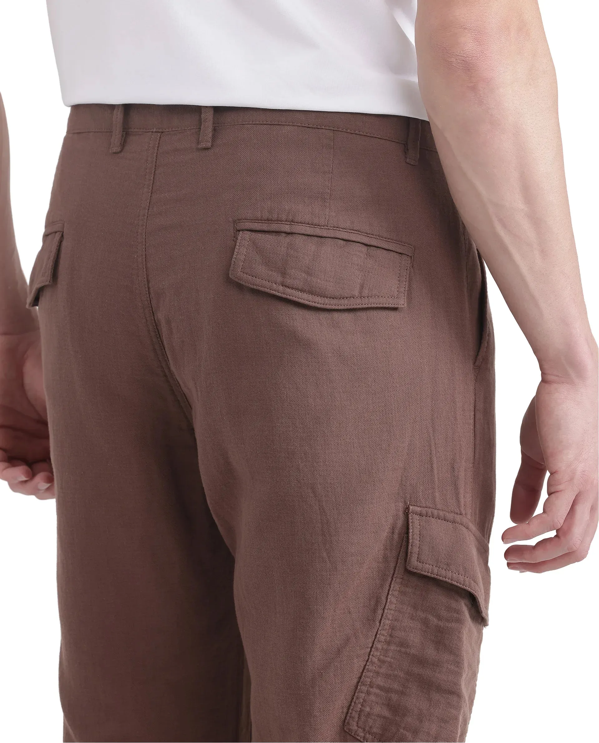 Rare Rabbit Men Presso-25 Dusky Brown Cotton Elastane Fabric Button And Zip Closure Relaxed Fit Plain Trouser