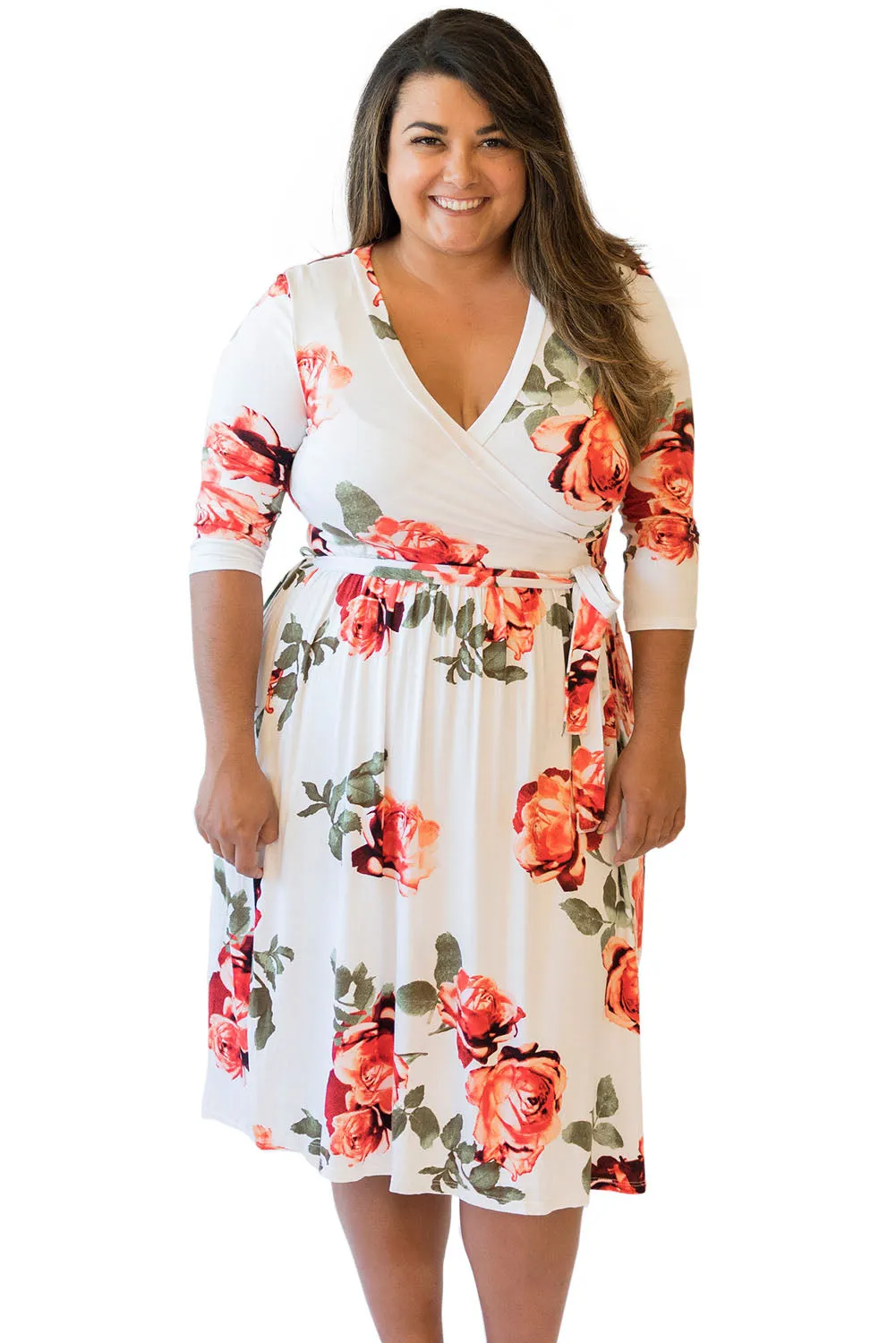 Red Blossom Print White Wrap Floral Dress