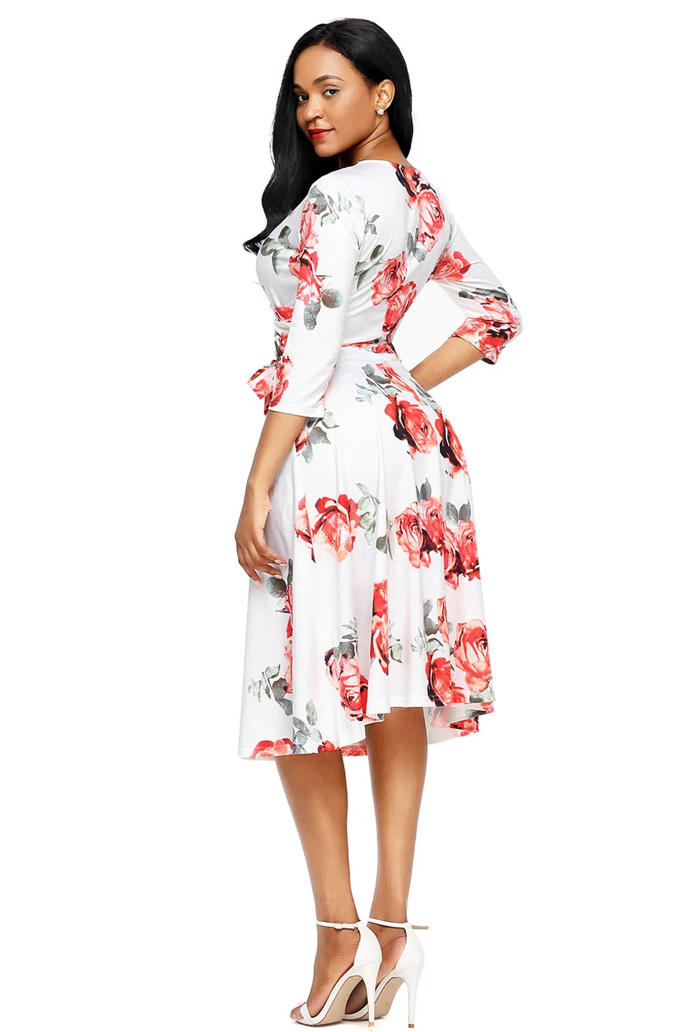 Red Blossom Print White Wrap Floral Dress