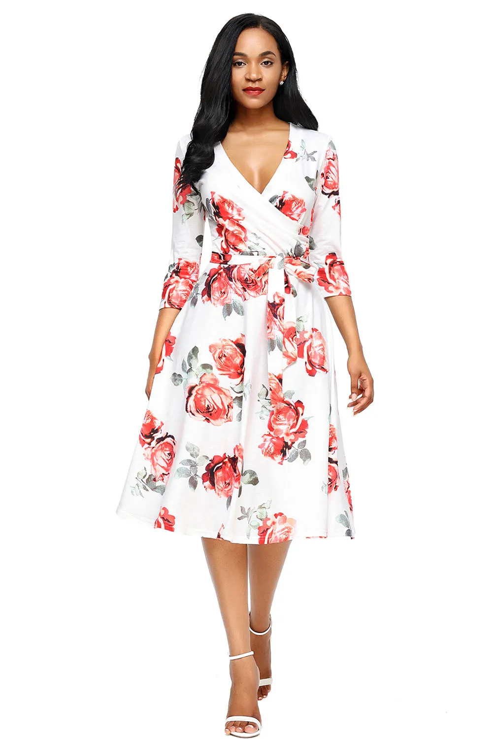 Red Blossom Print White Wrap Floral Dress