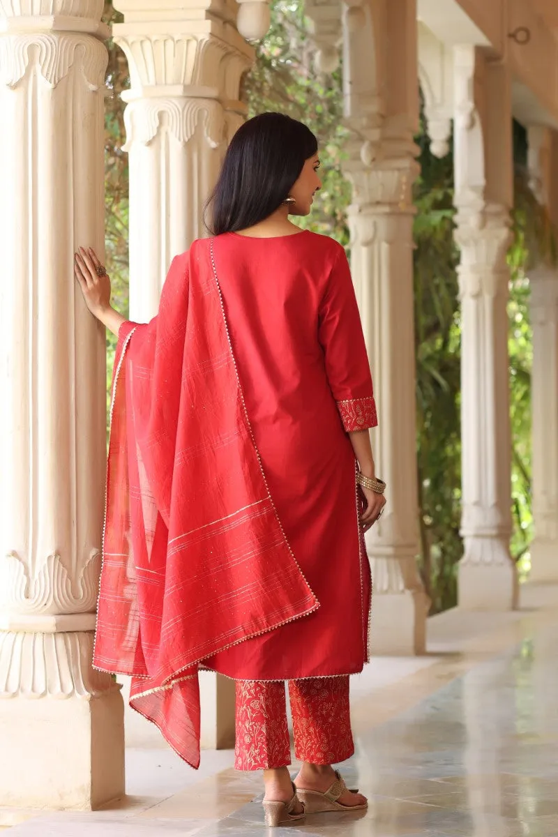 Red Rayon Blend Straight Suit Set