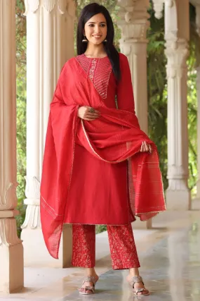 Red Rayon Blend Straight Suit Set