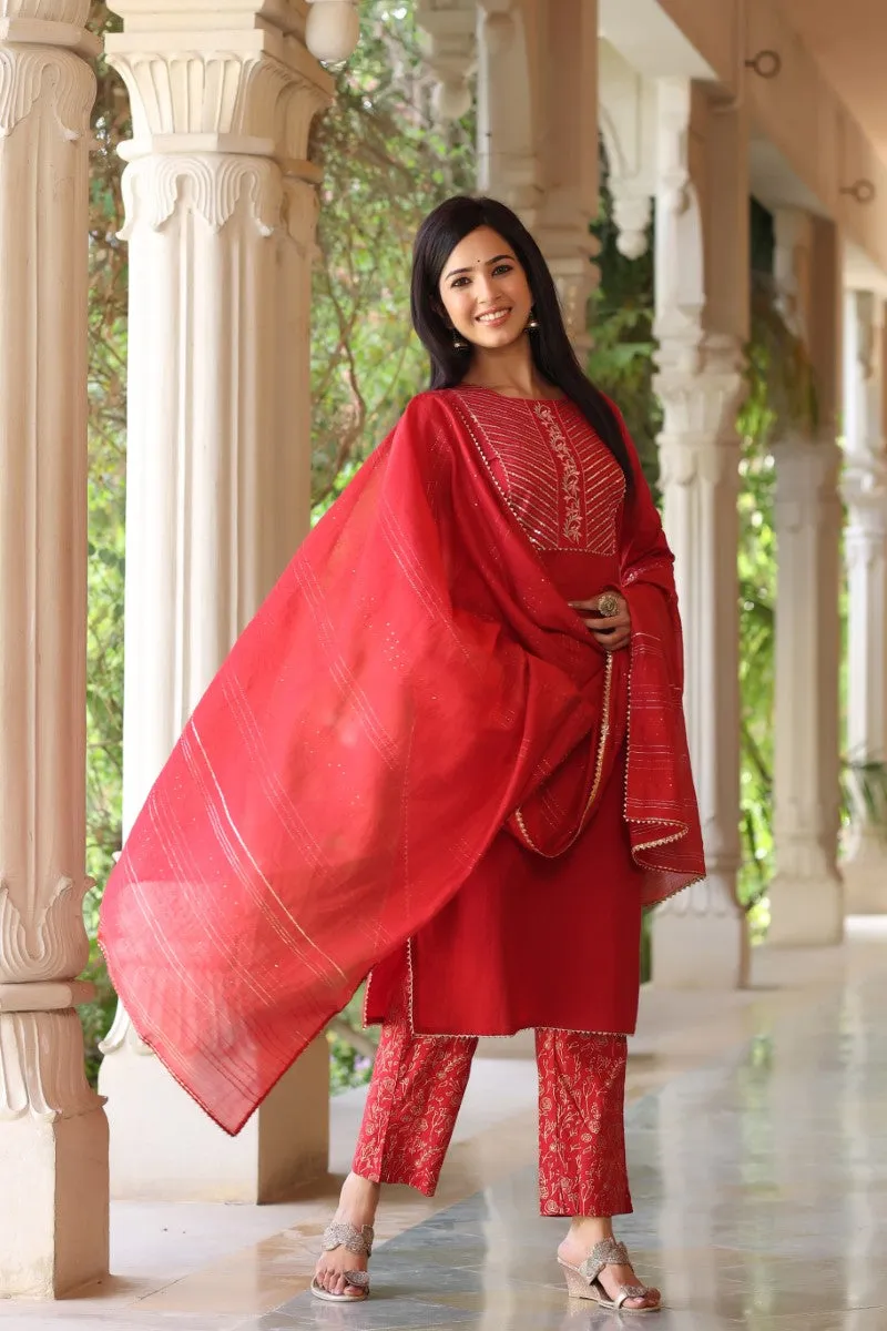 Red Rayon Blend Straight Suit Set