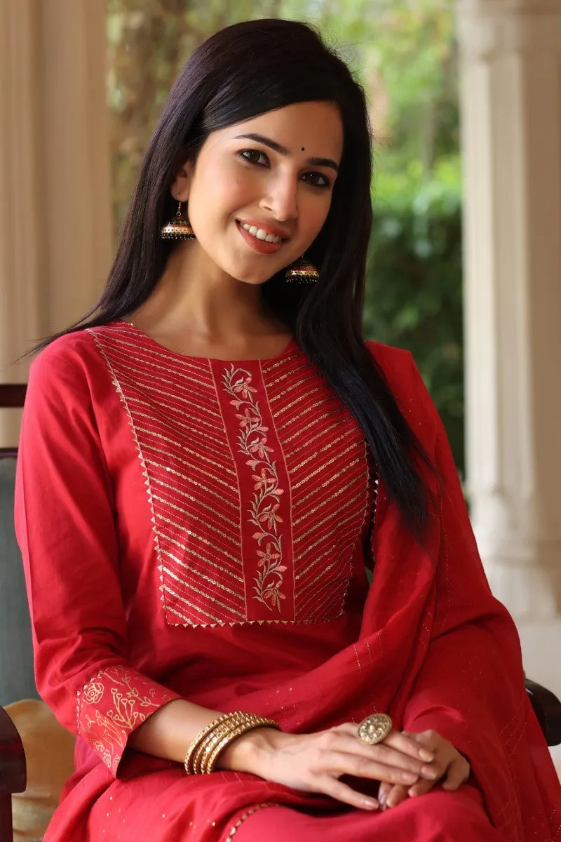 Red Rayon Blend Straight Suit Set