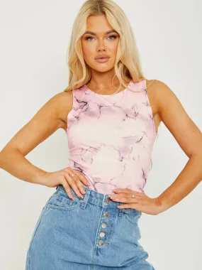 Sally Tie-Dye Slinky Racer Back Sleeveless Bodysuit In Pink