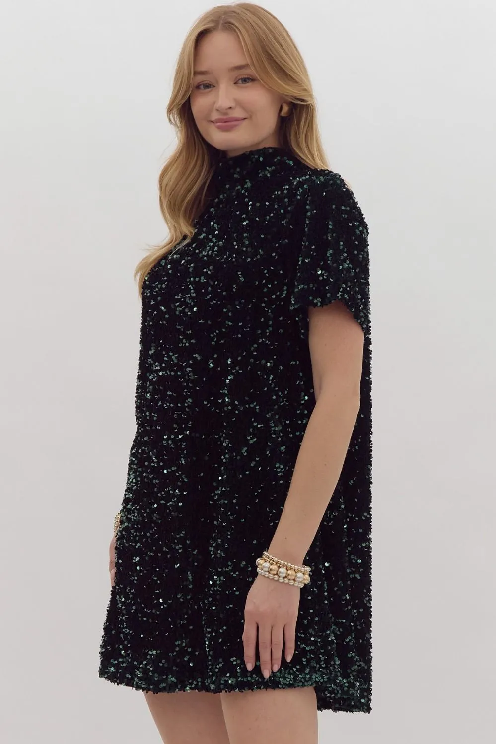 Sequin Embellished Turtleneck Mini Dress