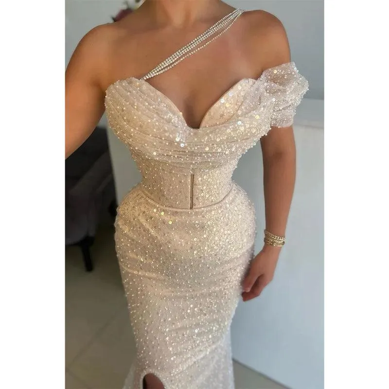 Sexy V Neck One Shoulder Mermaid Formal Evening Dress with Slit