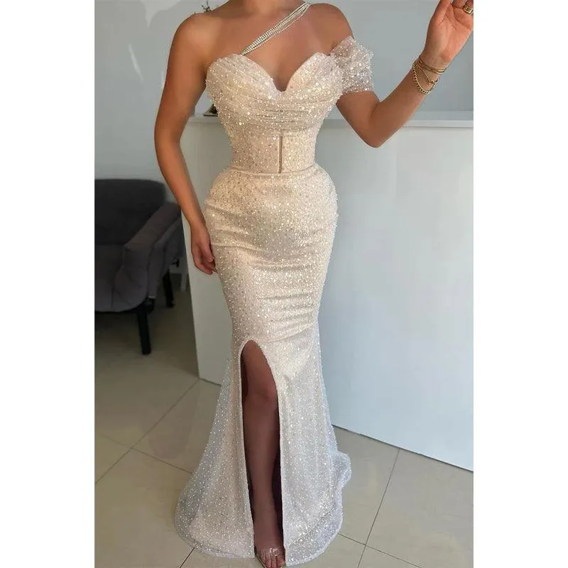 Sexy V Neck One Shoulder Mermaid Formal Evening Dress with Slit