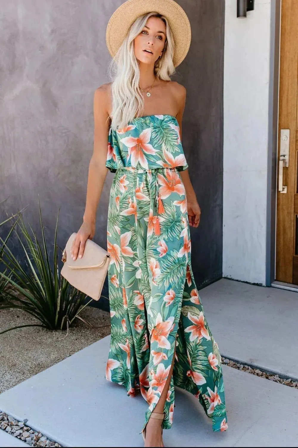 Slit Tropical Sleeveless Tubetop Dress