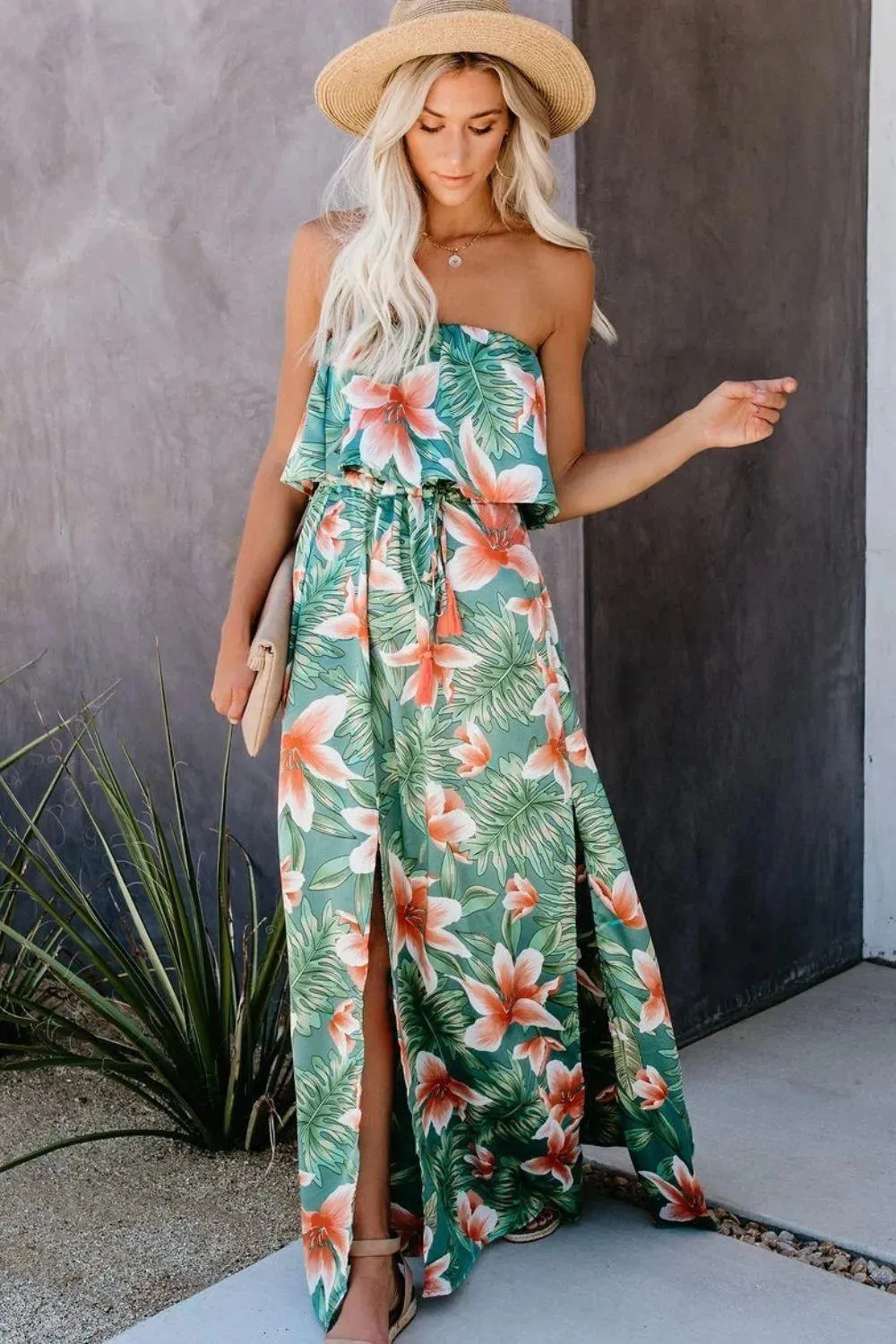 Slit Tropical Sleeveless Tubetop Dress