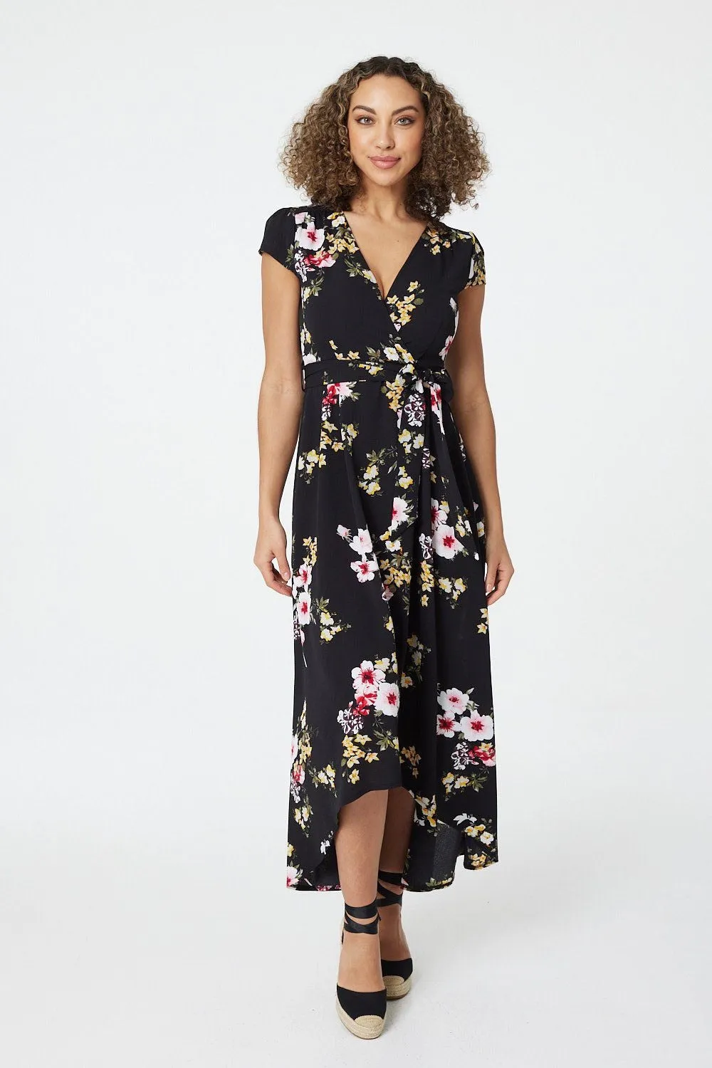 Stella Black Floral Dipped Hem Wrap Effect Dress