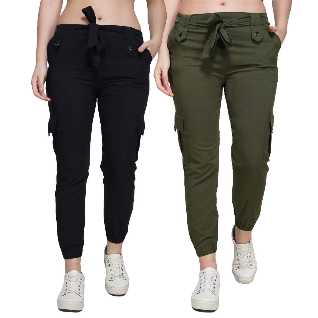 Stylish Cotton Spandex Multicolor Slim Fit Cargo Jogger For Women (Pack of 2)
