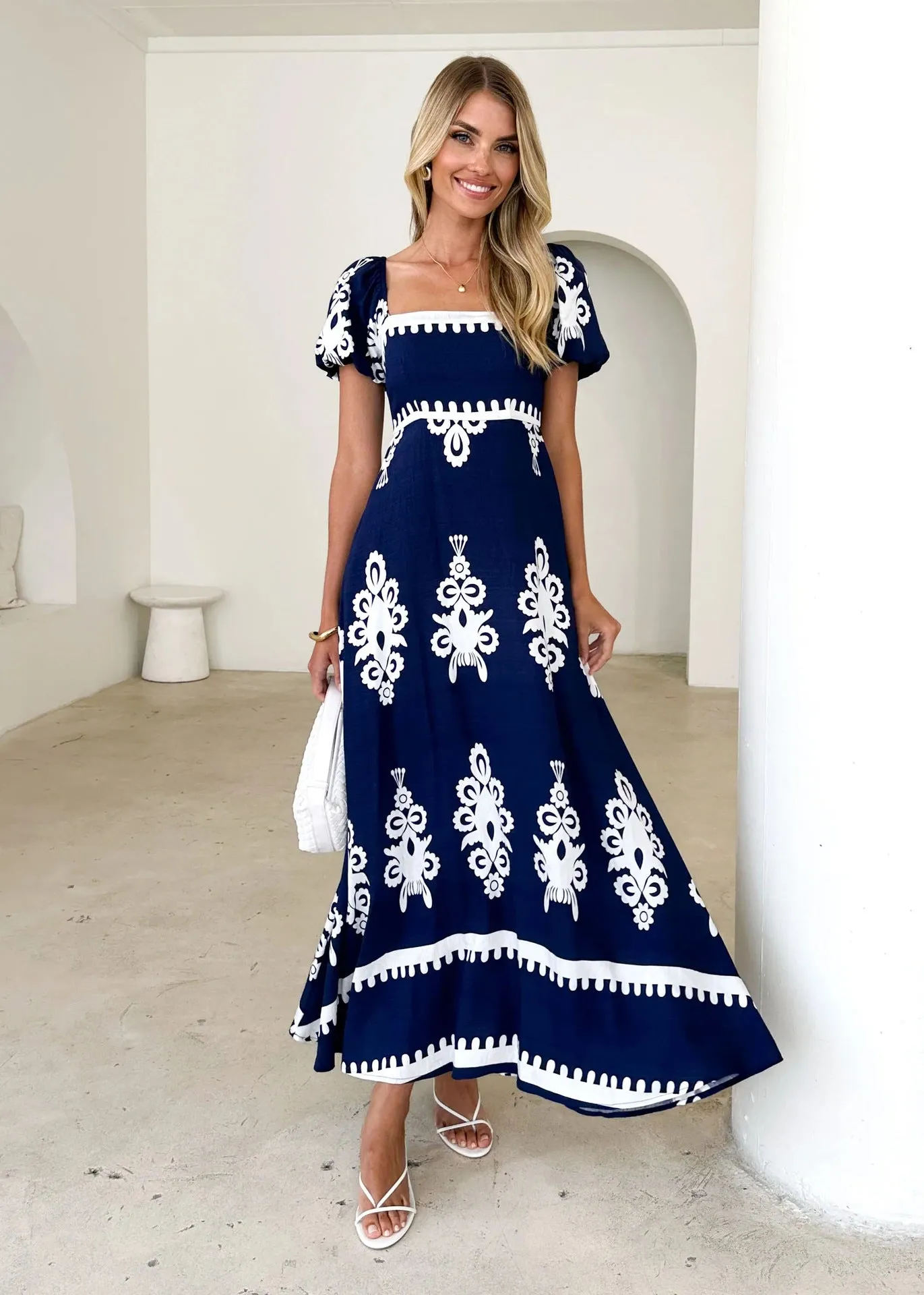 Summer Vacation Printed Smocking Dress