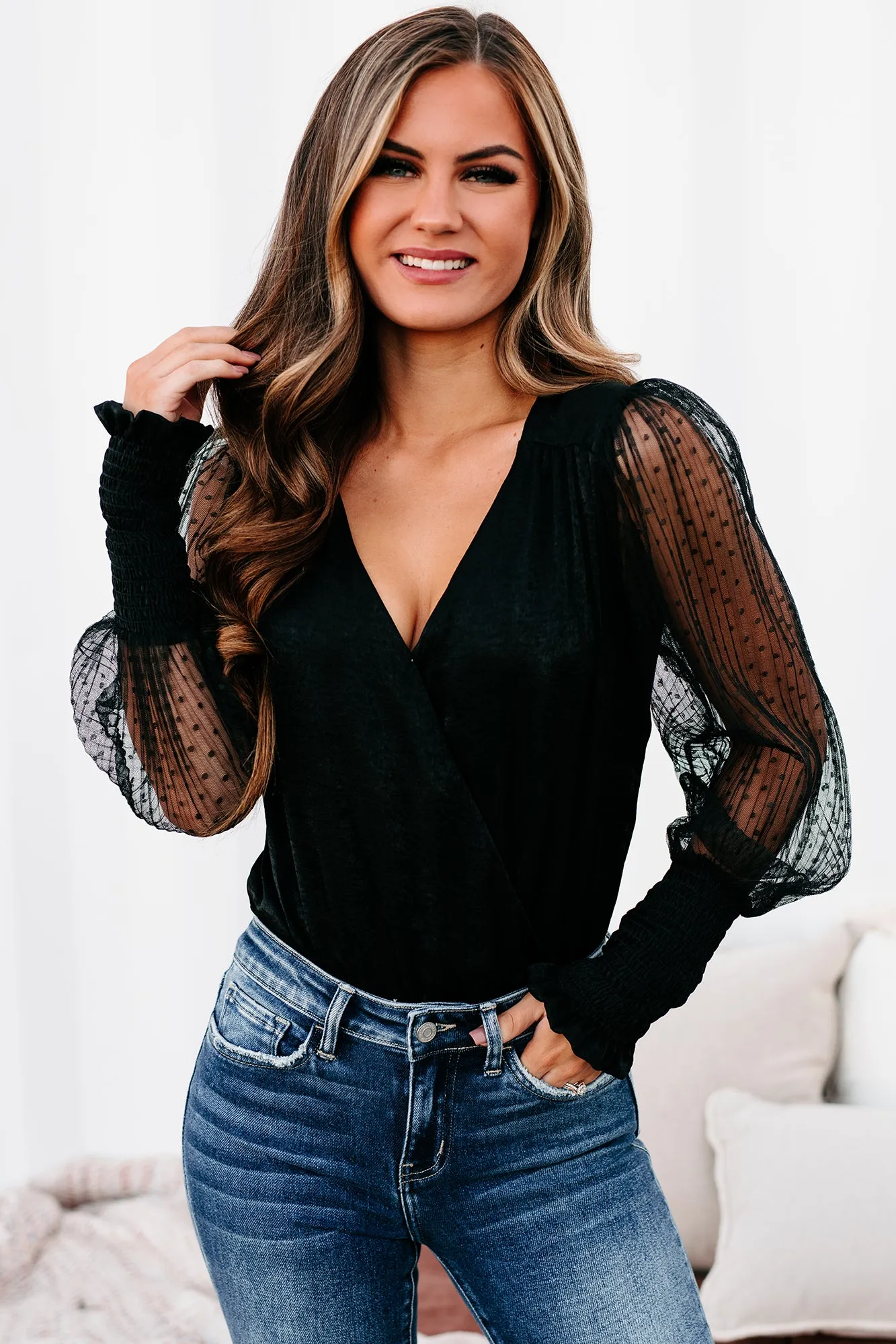 Tangled Lives Mesh Sleeve Surplice Bodysuit (Black)